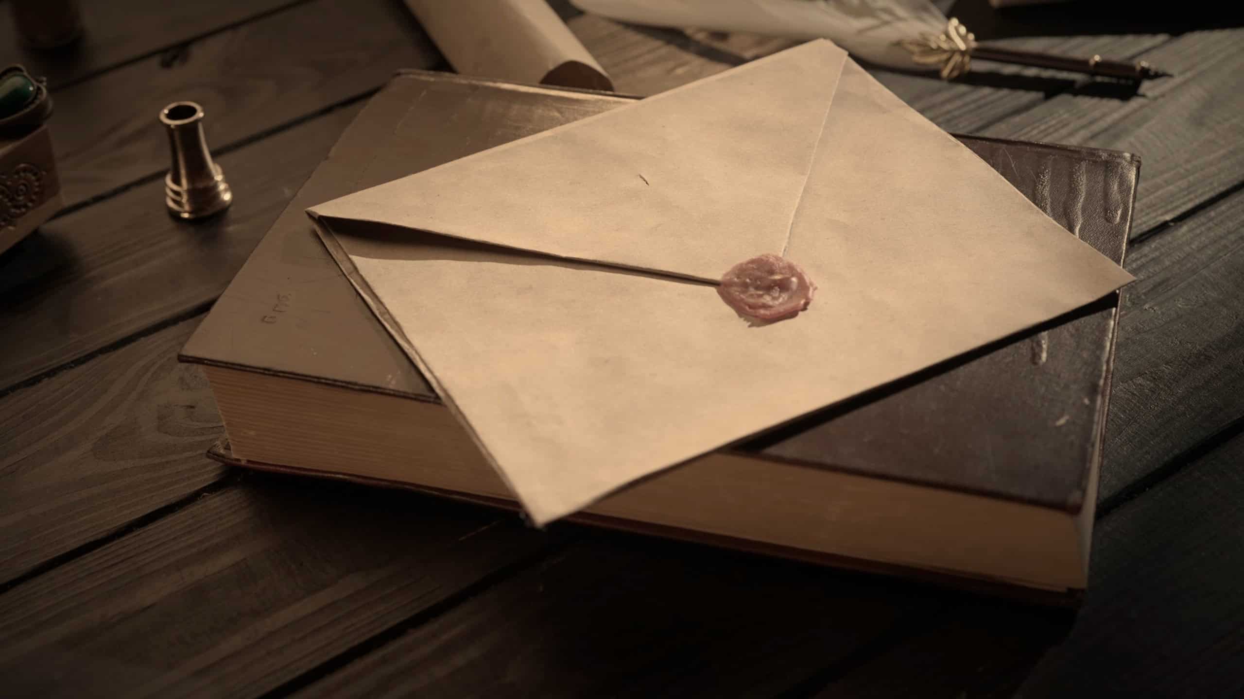 Shot of the table with old paper envelope. Vintage letter envelope laying on the old book sealed with wax stamp, feather quill and inkwell around.