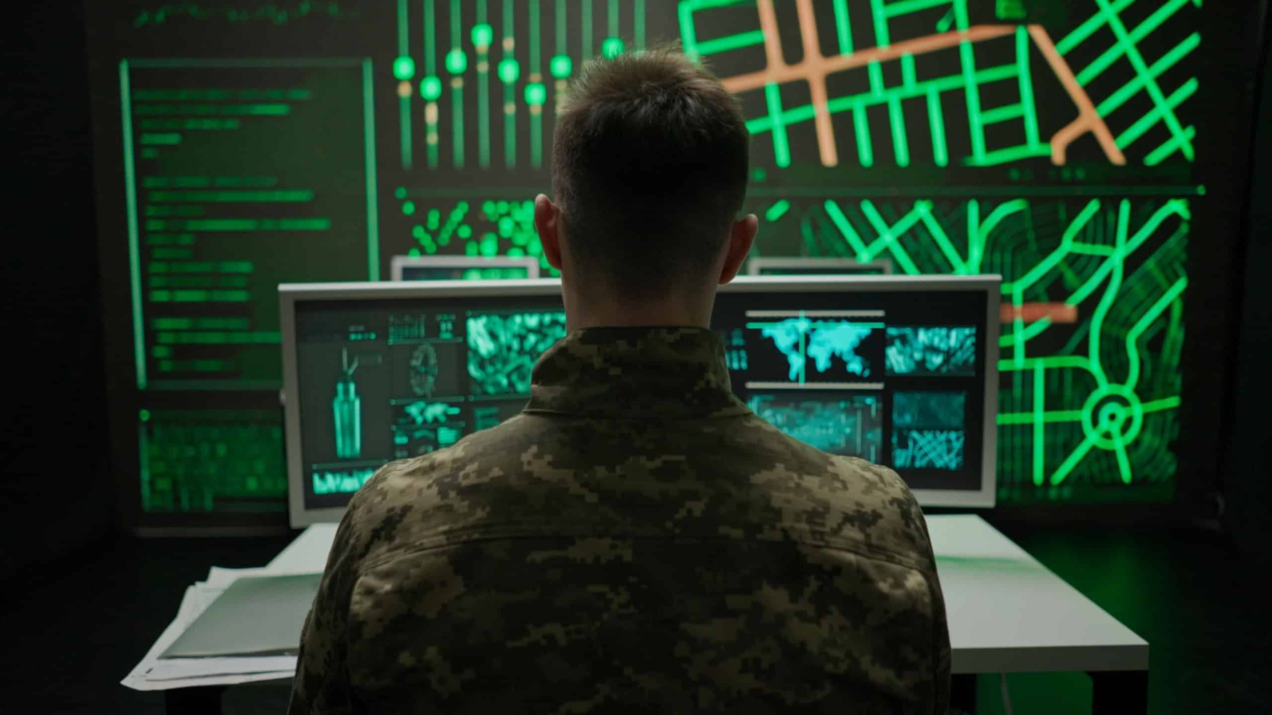 Person security squad in control center. Military headquarters surveillance officer cyber police working in office, tracking and managing security, back shot.