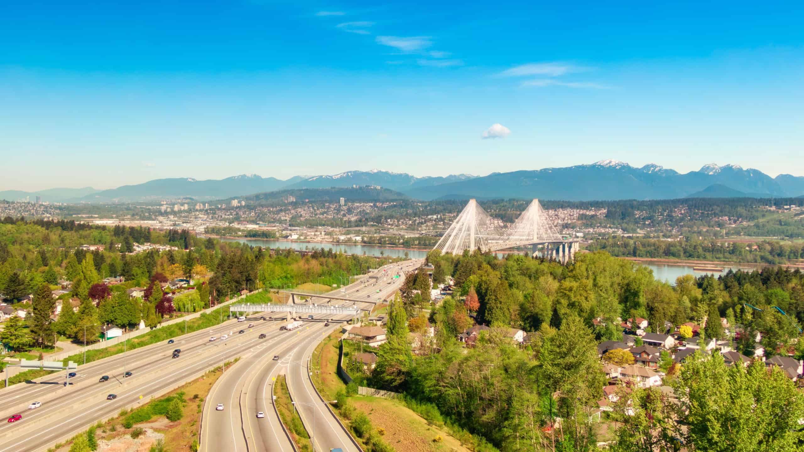 Trans-Canada Highway and Port Mann Bridge over Fraser River. Surrey, Vancouver, BC, Canada.