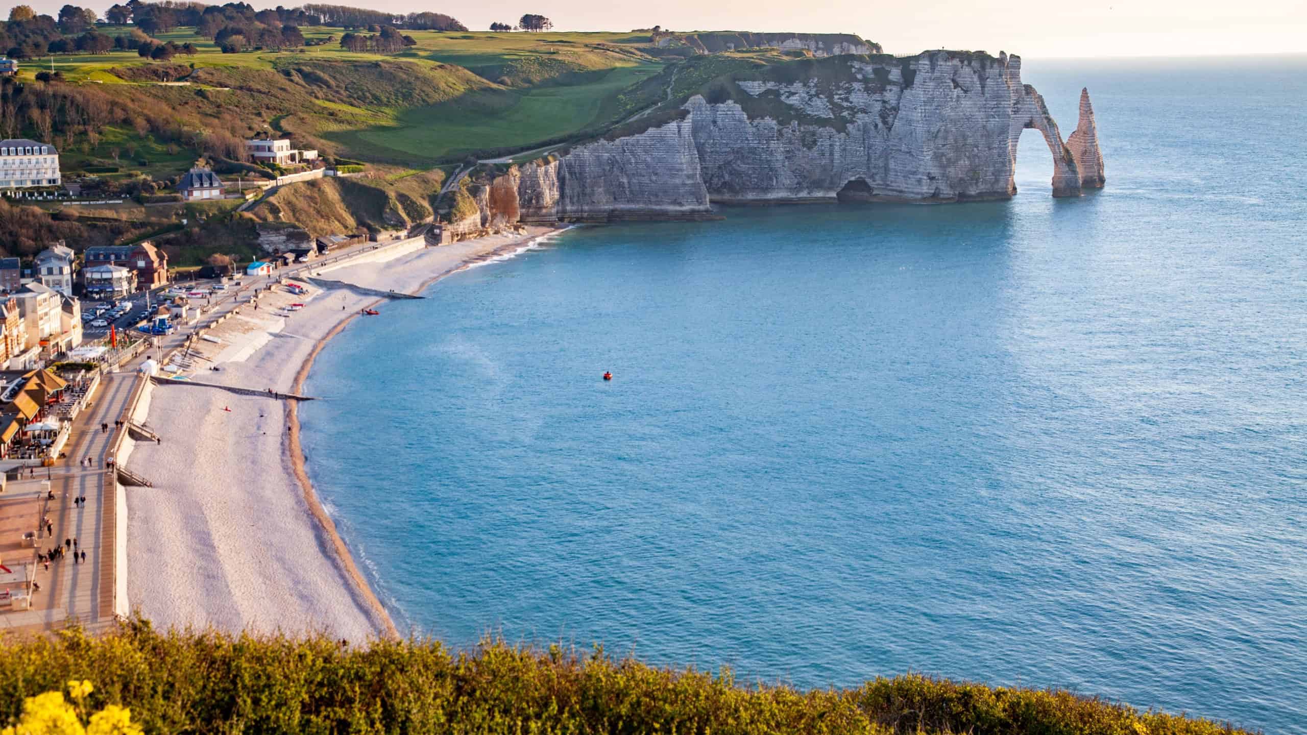 Les Falaises (cliffs) of Etretat at sunrise, Etretat, Normandy, France, Europe