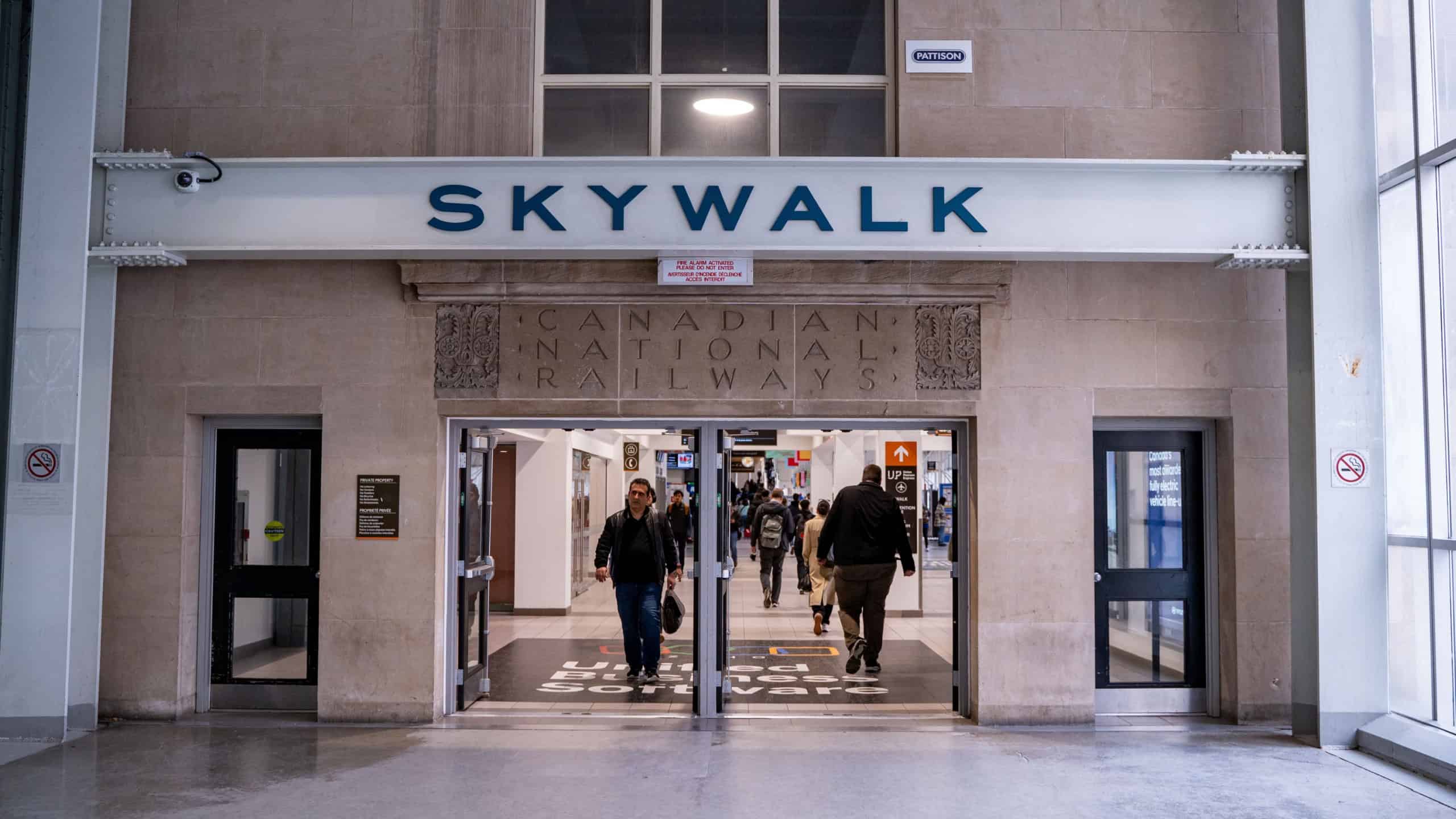 Skywalk at the exit of Union Station. Toronto, Canada - April 29, 2024.