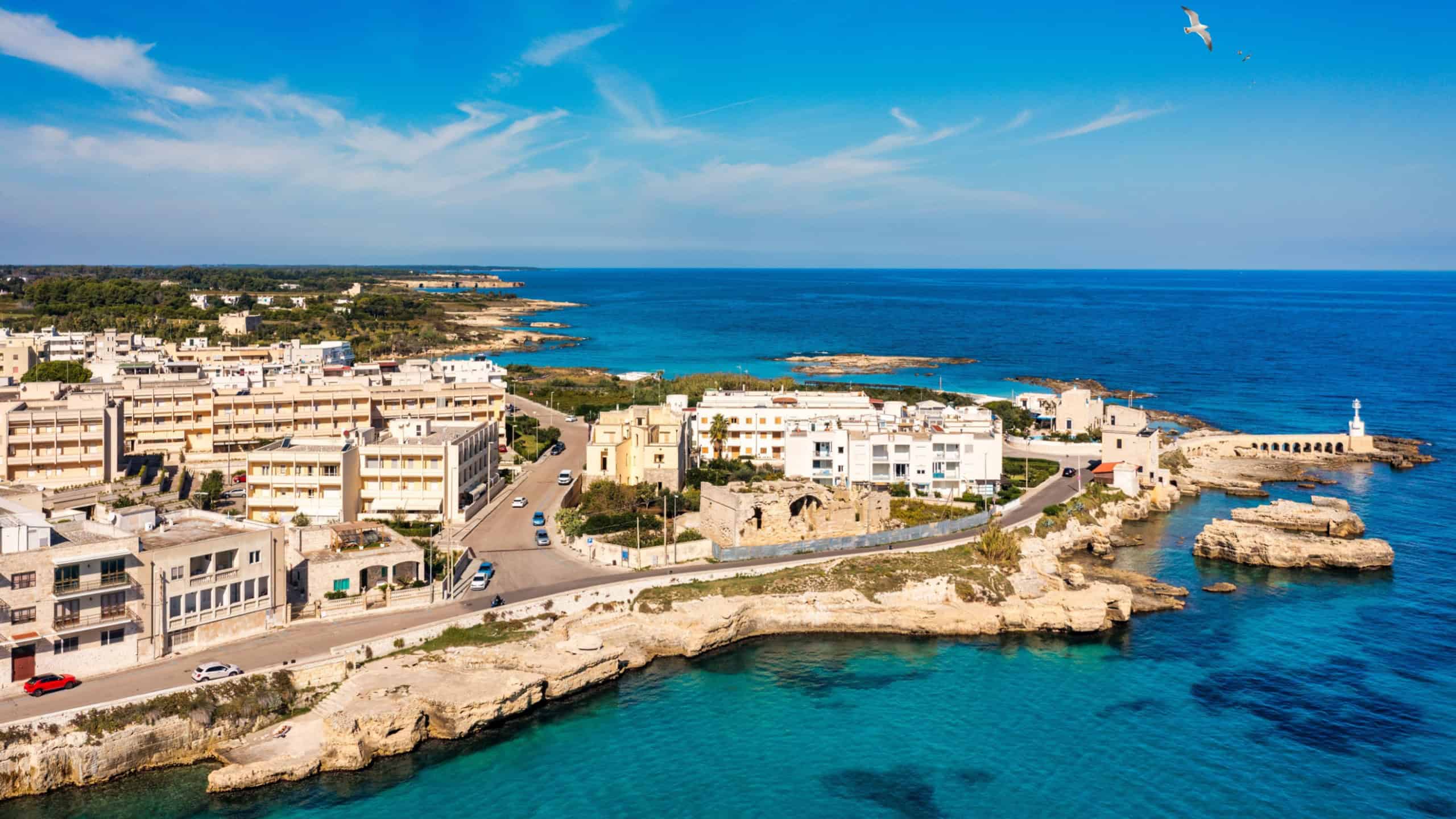 Aerial view of Otranto town on the Salento Peninsula in the south of Italy, Easternmost city in Italy (Apulia) on the coast of the Adriatic Sea. View of Otranto town, Puglia region, Italy.