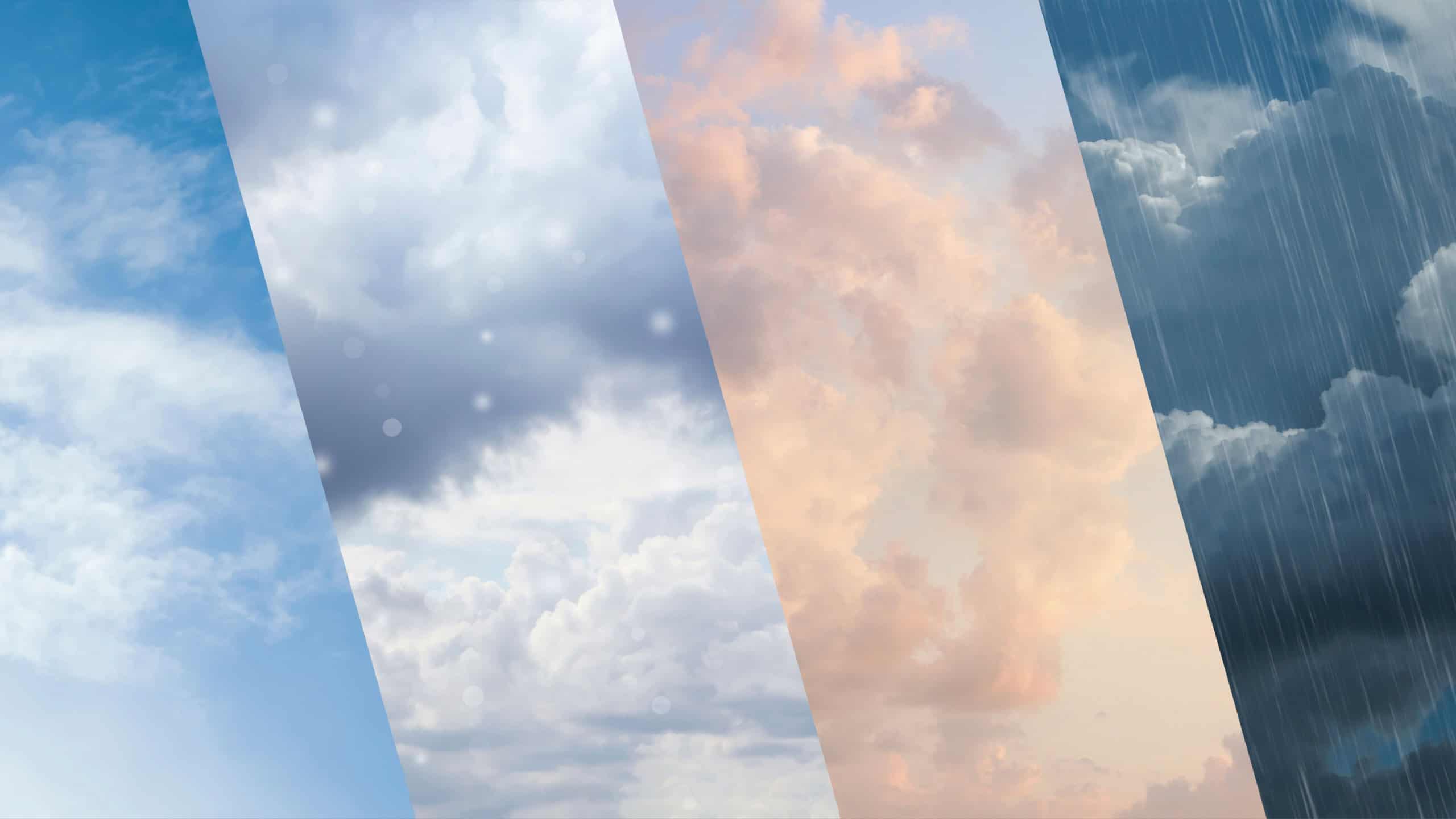 Different weather conditions due to season changing, banner design. Collage with photos of sky