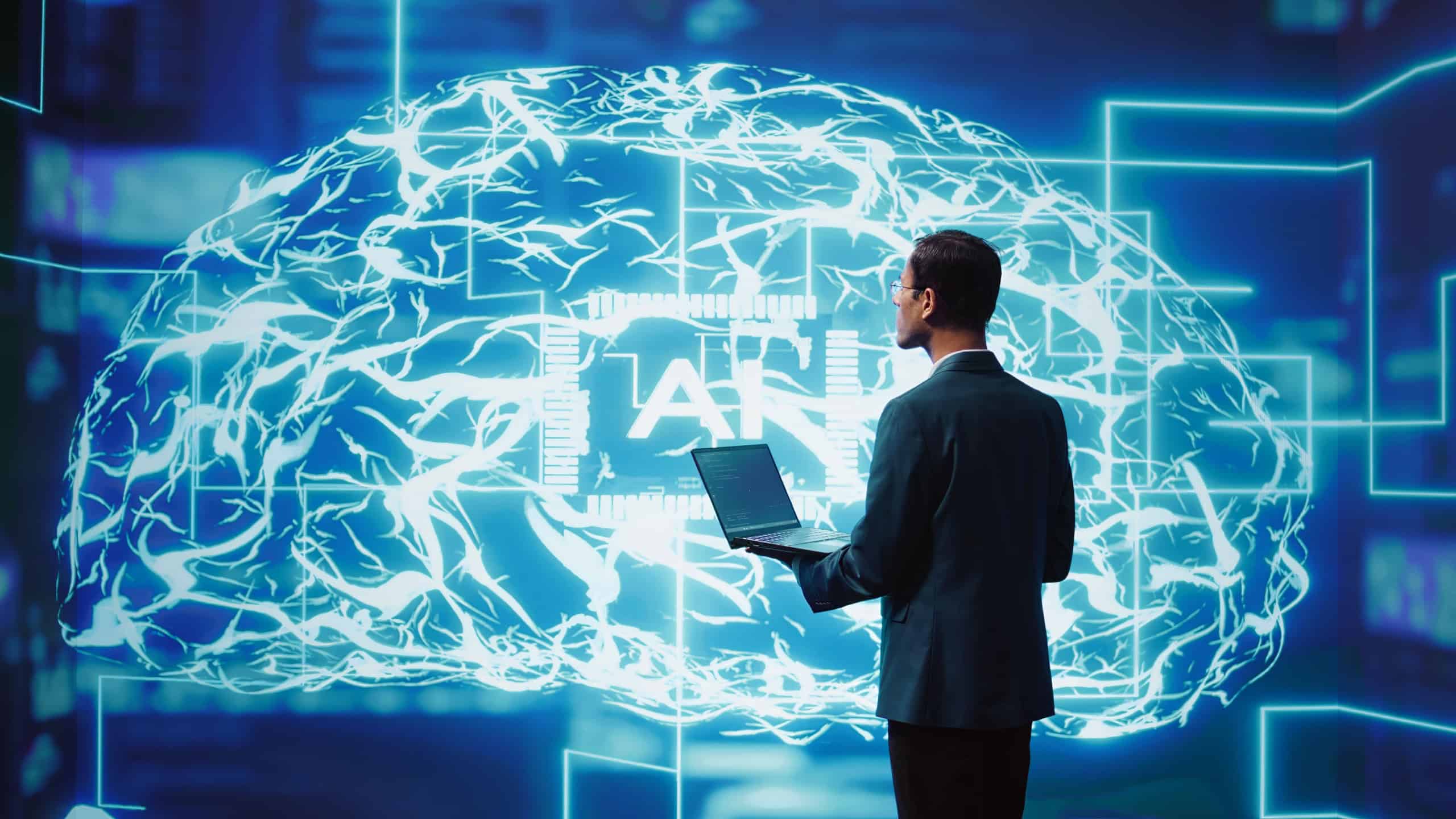System administrator working on laptop, programming artificial intelligence computing simulating human brain. Man in workspace using notebook, building AI machine learning algorithms, camera B