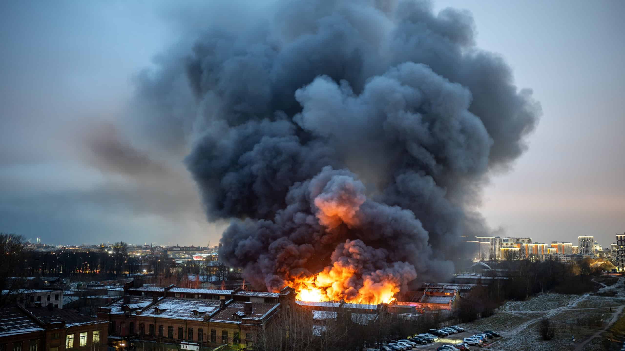 Orange toxic smoke from flames or fires of warehouses and industrial building. Burning house or adjacent area requiring the arrival of fire and rescue personnel due to fire safety violations.