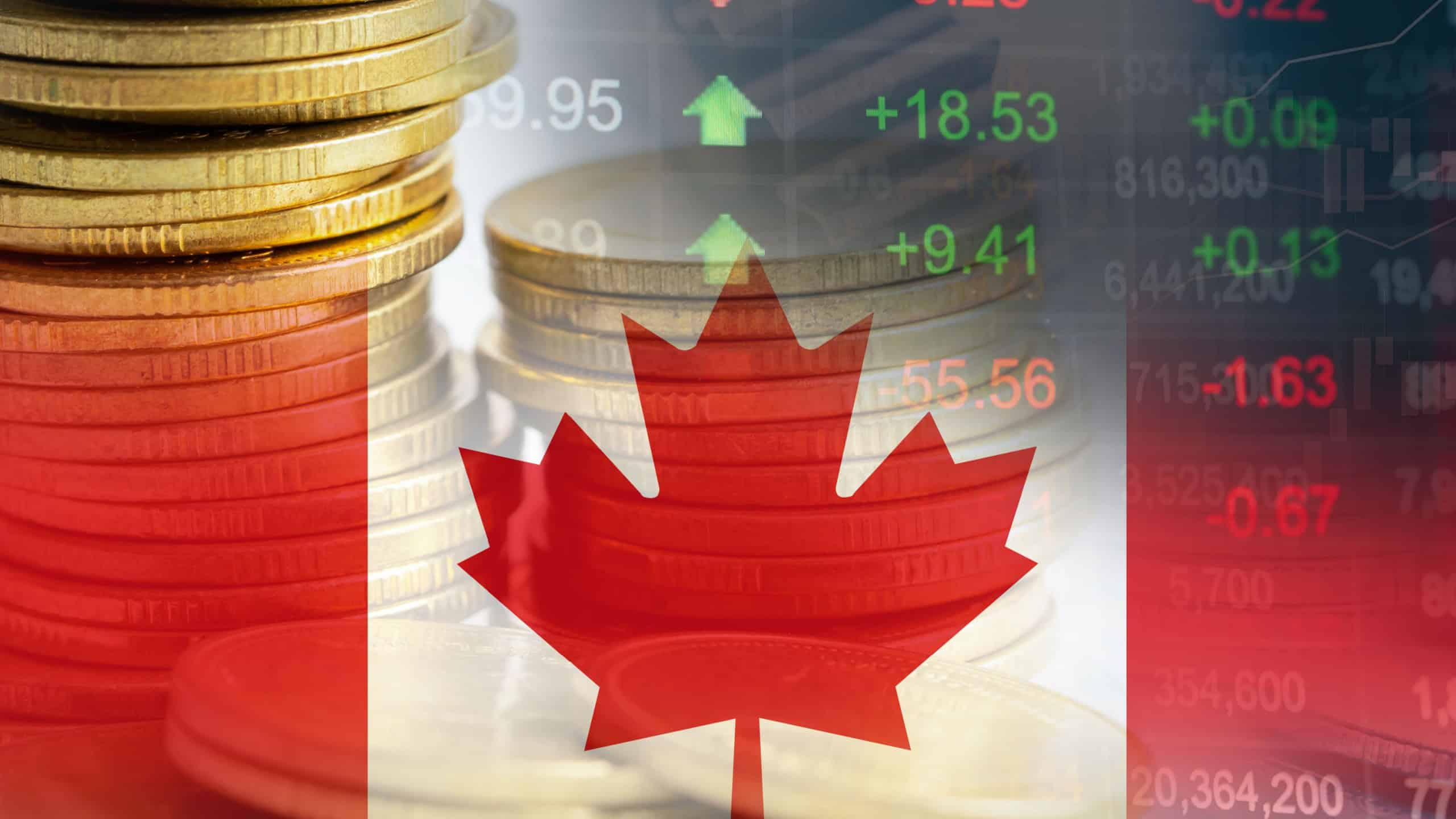 Stock market investment trading financial, coin and Canada flag or Forex for analyze profit finance business trend data.