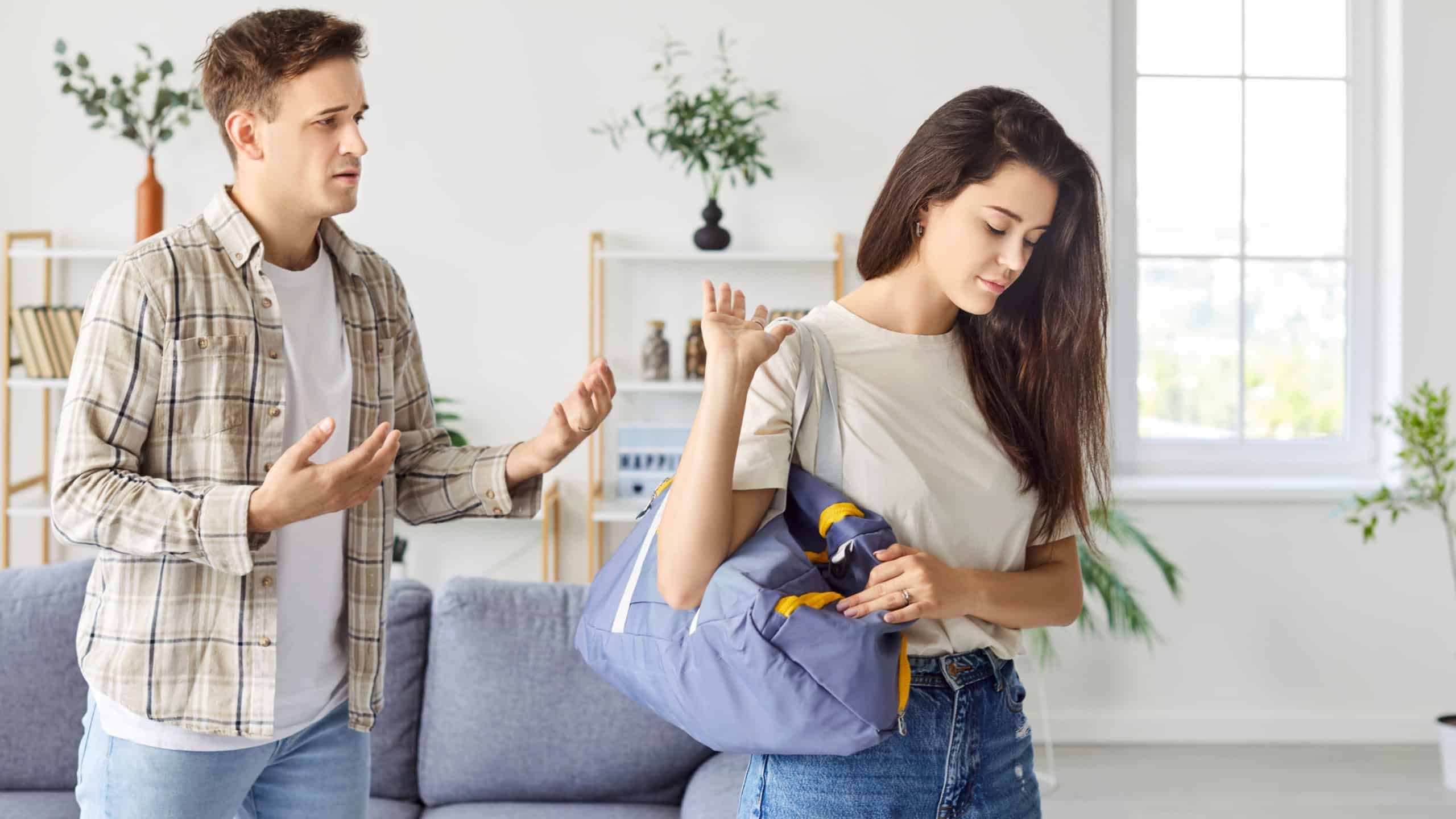 Girl leaving boyfriend, break up relationships problems, young wife going away from offended husband after conflict in marriage, upset couple after fight dispute, making decision of get divorced