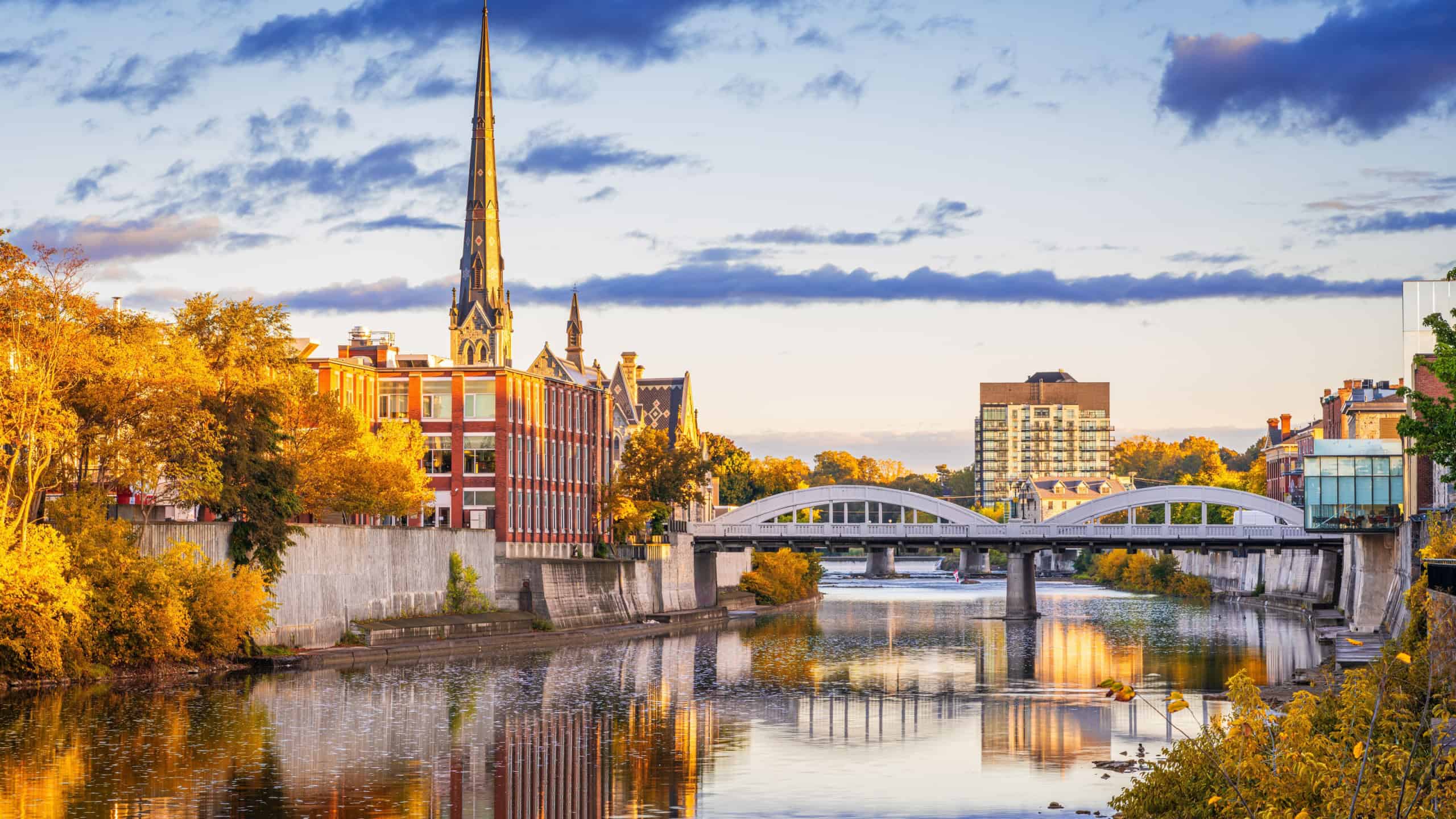 Cambridge, Ontario, Canada on the Grand River at dawn.
