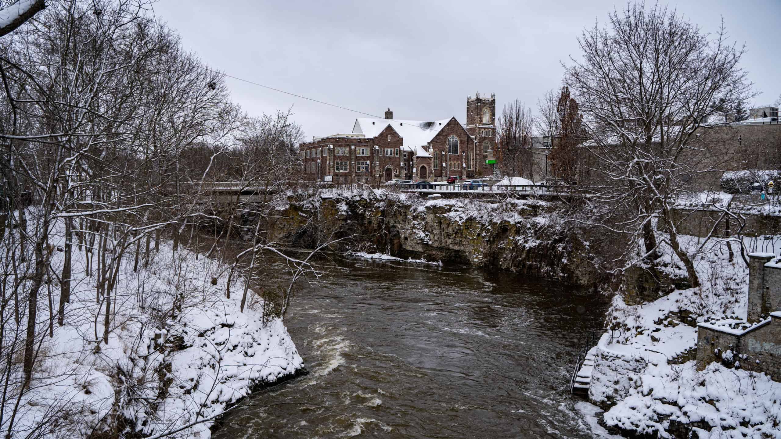 Winter view of the Grand River in the town of Fergus, Ontario.
