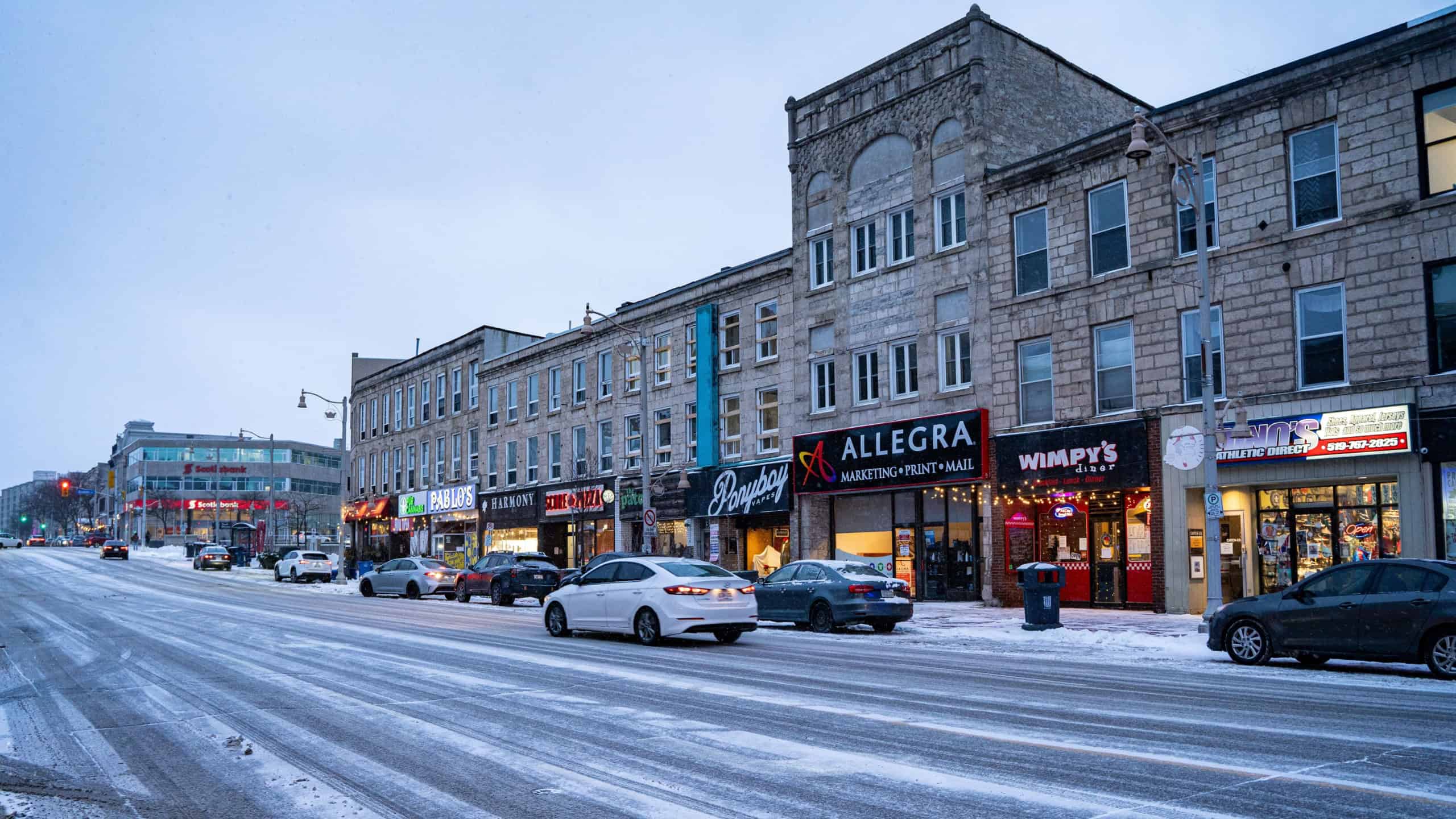 View of the streets of Guelph, Ontario in winter. Guelph, Canada - January 2, 2025.