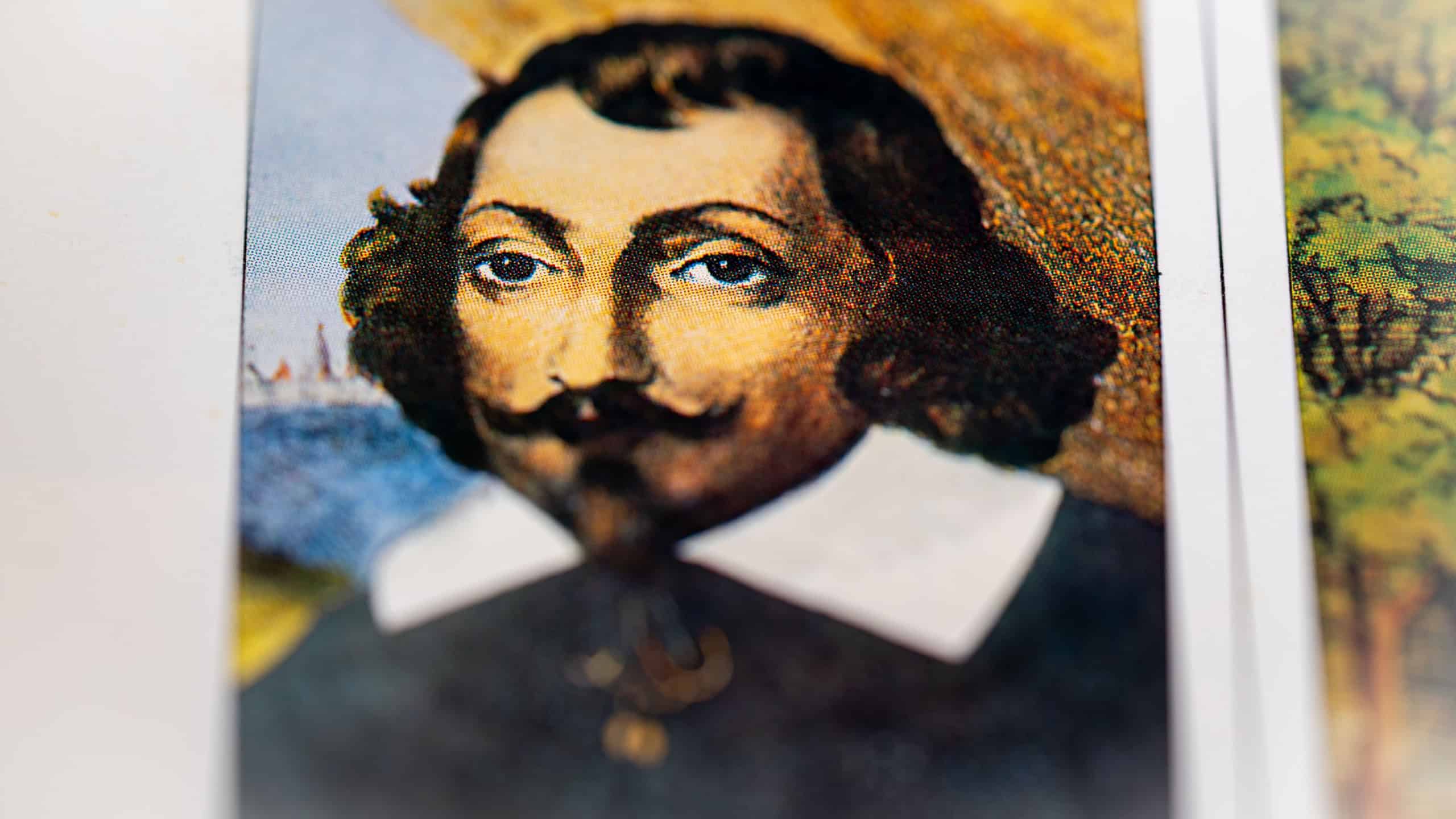 Portrait of Champlain from a history book. Toronto, Canada - January 29, 2025.
