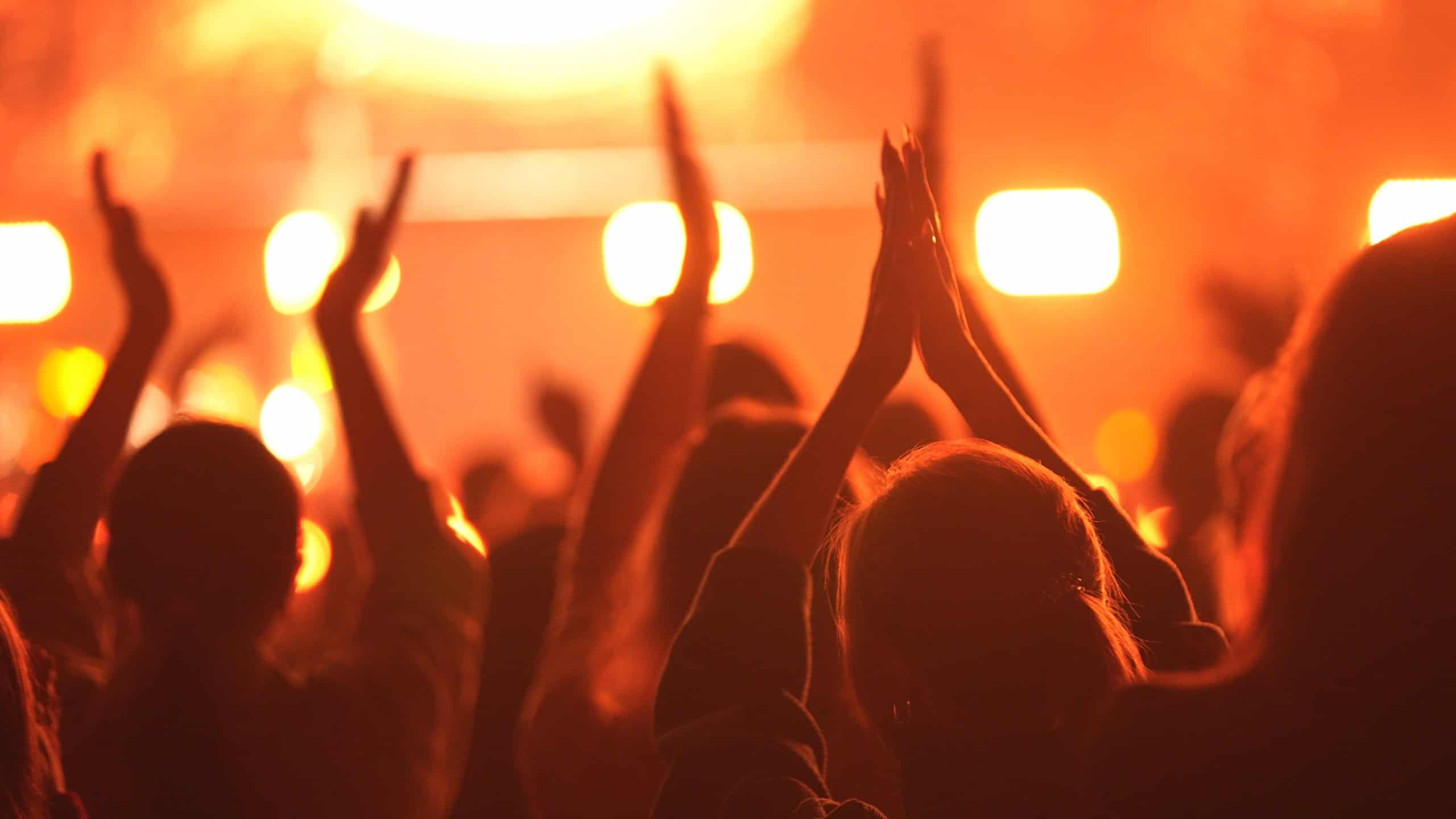Lot people applause music concert. Many fans cheering fun party lift hand up. Crowd hang out cool night life fest applaud k pop chill. Epic hip hop clap. Neon light rave. Joy dj enjoy kpop. Live arena