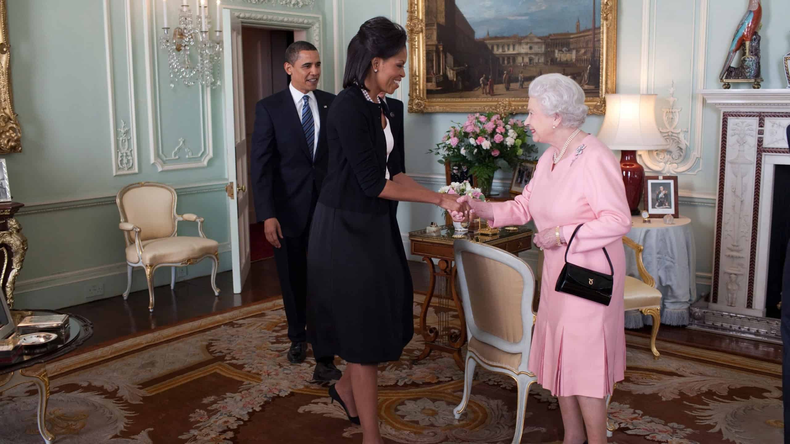 President Barack Obama and First Lady Michelle Obama are welcomed by Her Majesty Queen Elizabeth II to Buckingham Palace in London, England, April 1, 2009.