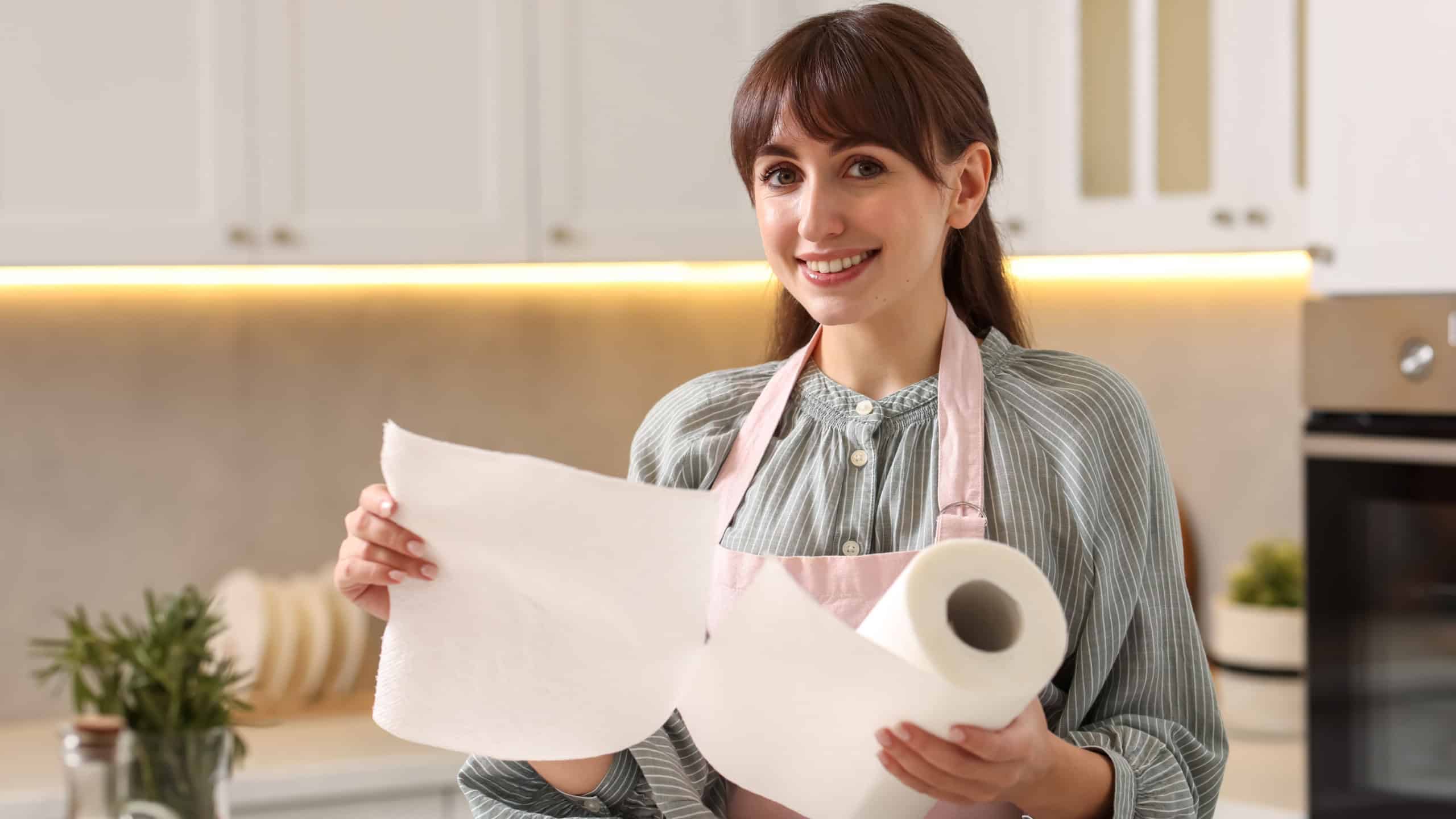 Smiling woman using paper towels at white marble table in kitchen
