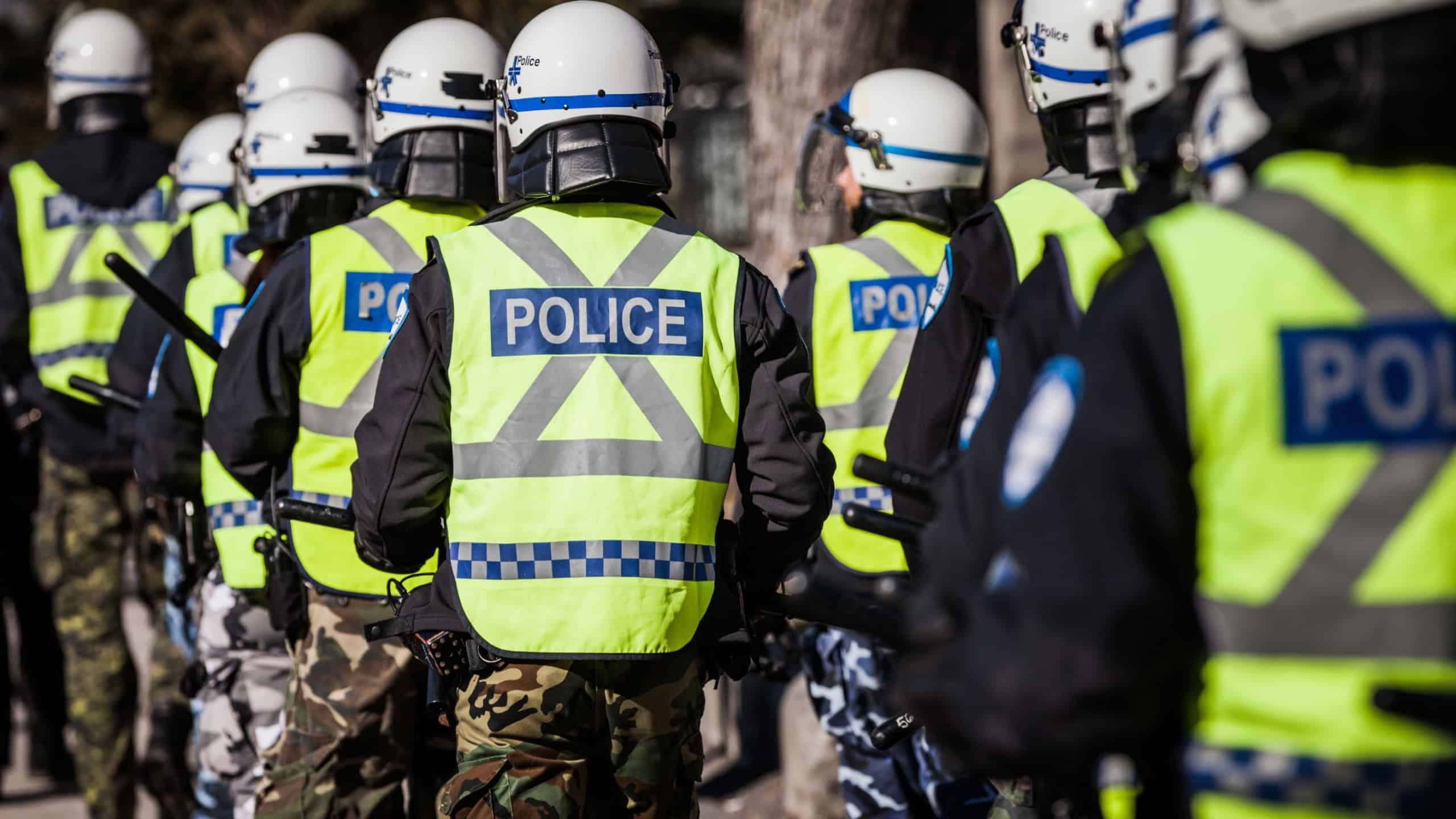 Riot in the Montreal Streets to counter the Economic Austerity Measures. Closeup of Police Gear and Protections