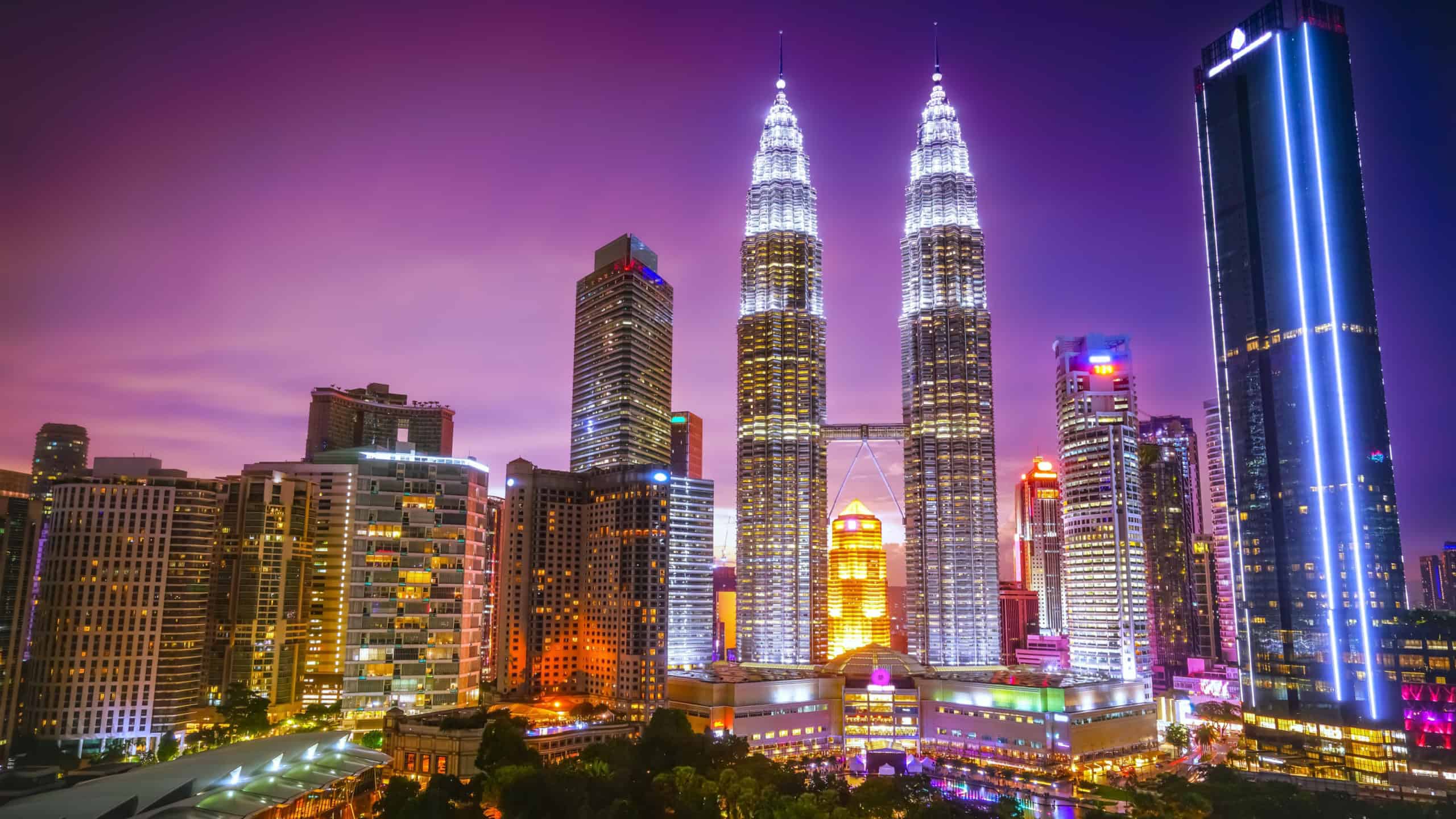 View of the city center at night in Kuala Lumpur, Malaysia.
