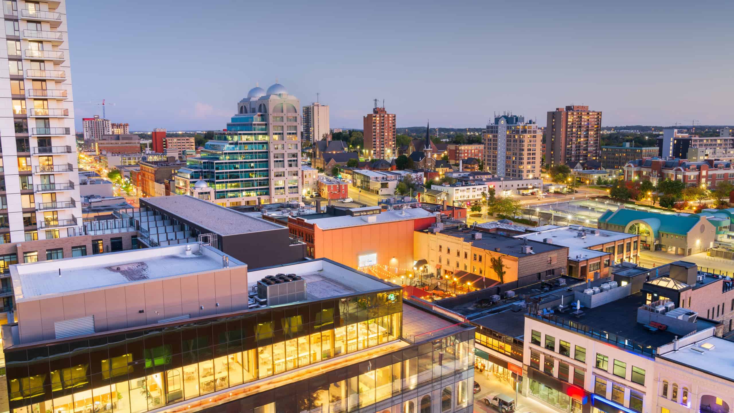Kitchener, Ontario, Canada downtown cityscape at dusk.