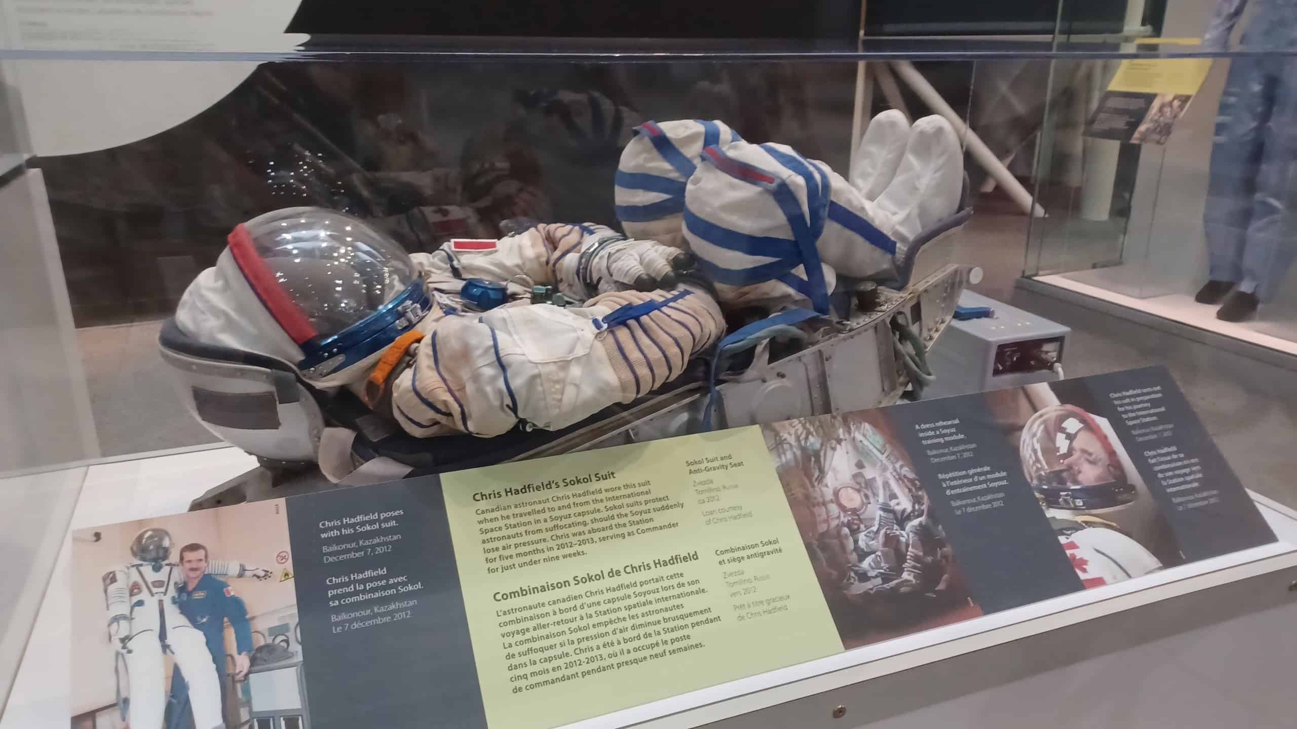 Ottawa, ON, Canada - August 11, 2025: Canadian astronaut Chris Hadfield's Sokol space suit is on exhibit in a display case at a museum.