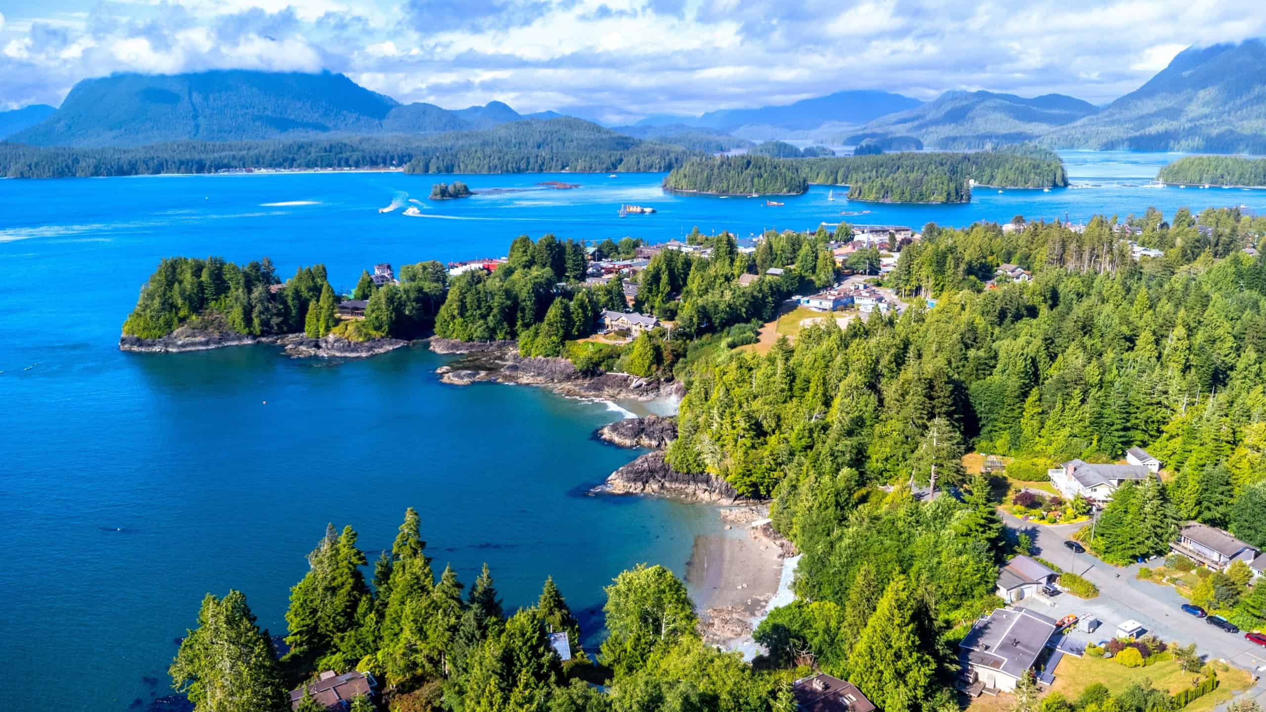 Aerial view capturing tofino on vancouver island, showcasing lush green forests, blue ocean waters, boats, and mountains under a sunny summer sky