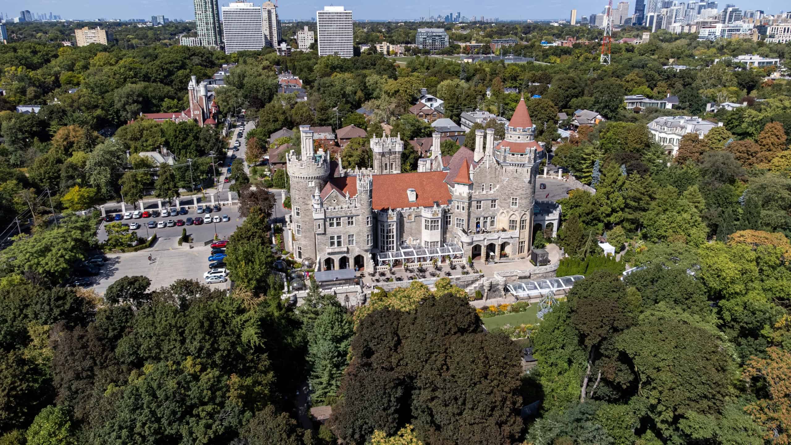 Aerial view of Casa Loma castle in Toronto. Toronto, Canada - September 15, 2025.