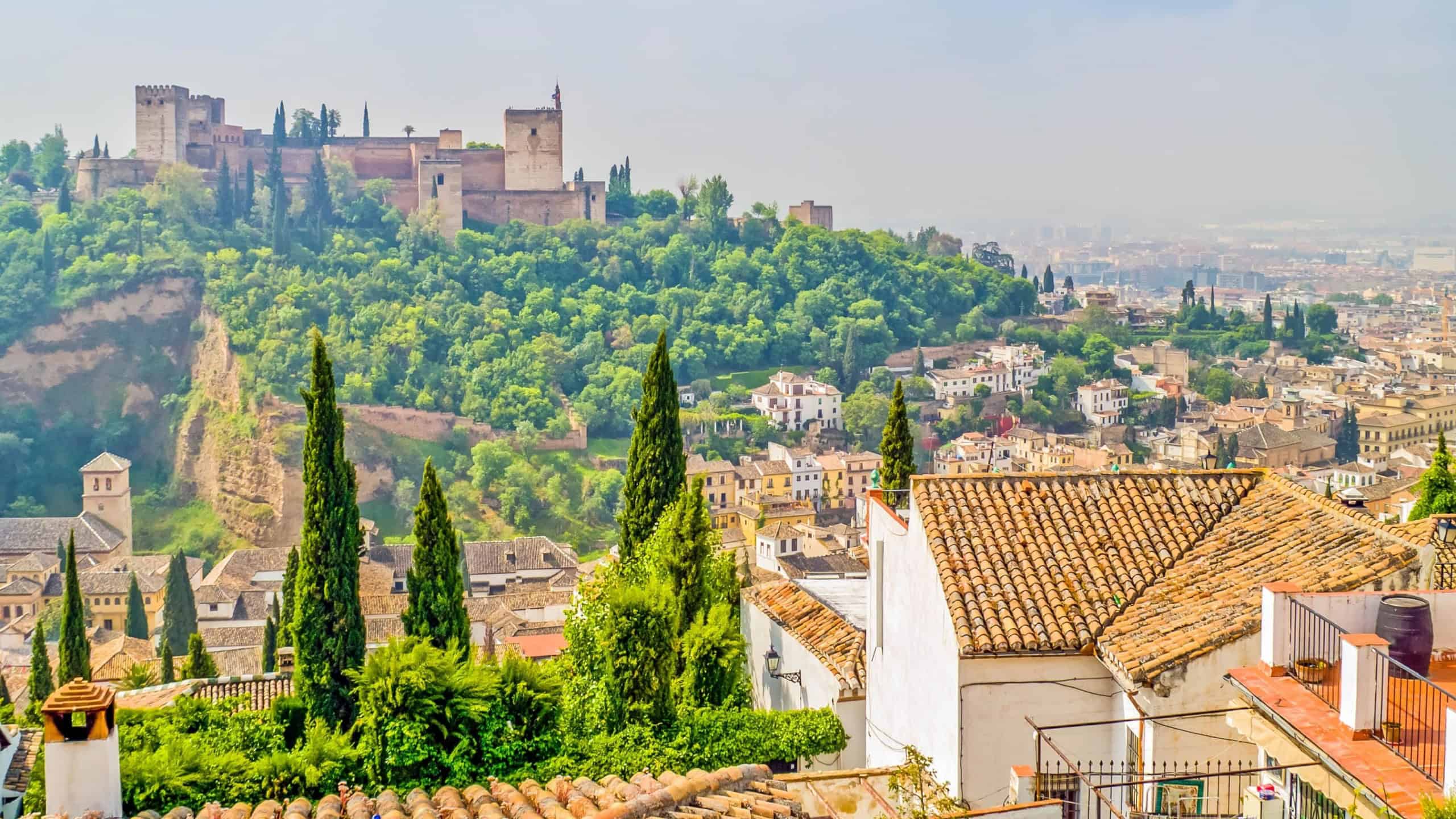 View of Alhambra from hill of Arab district, Granada, Spain