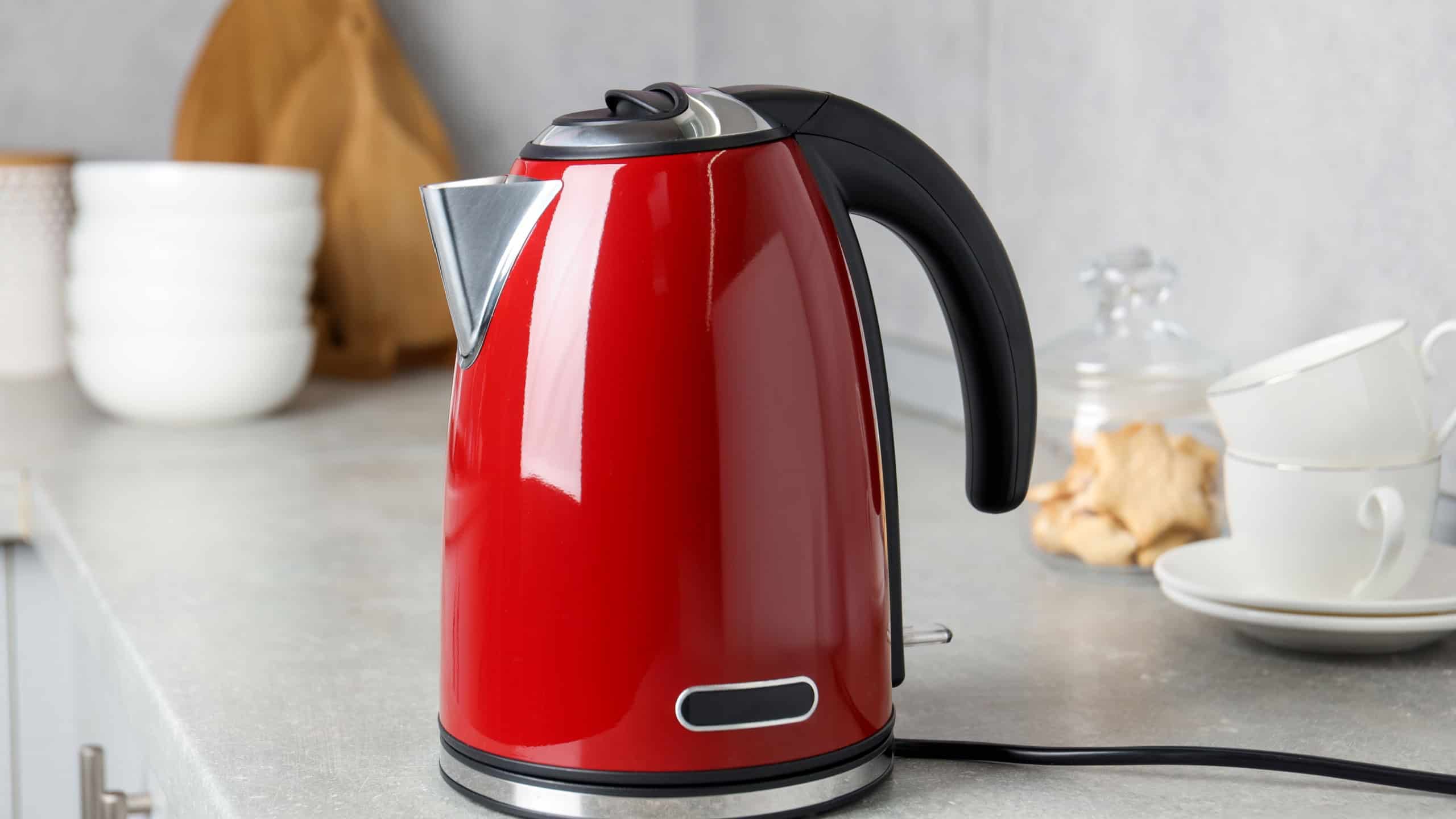 Electric kettle with water on countertop indoors
