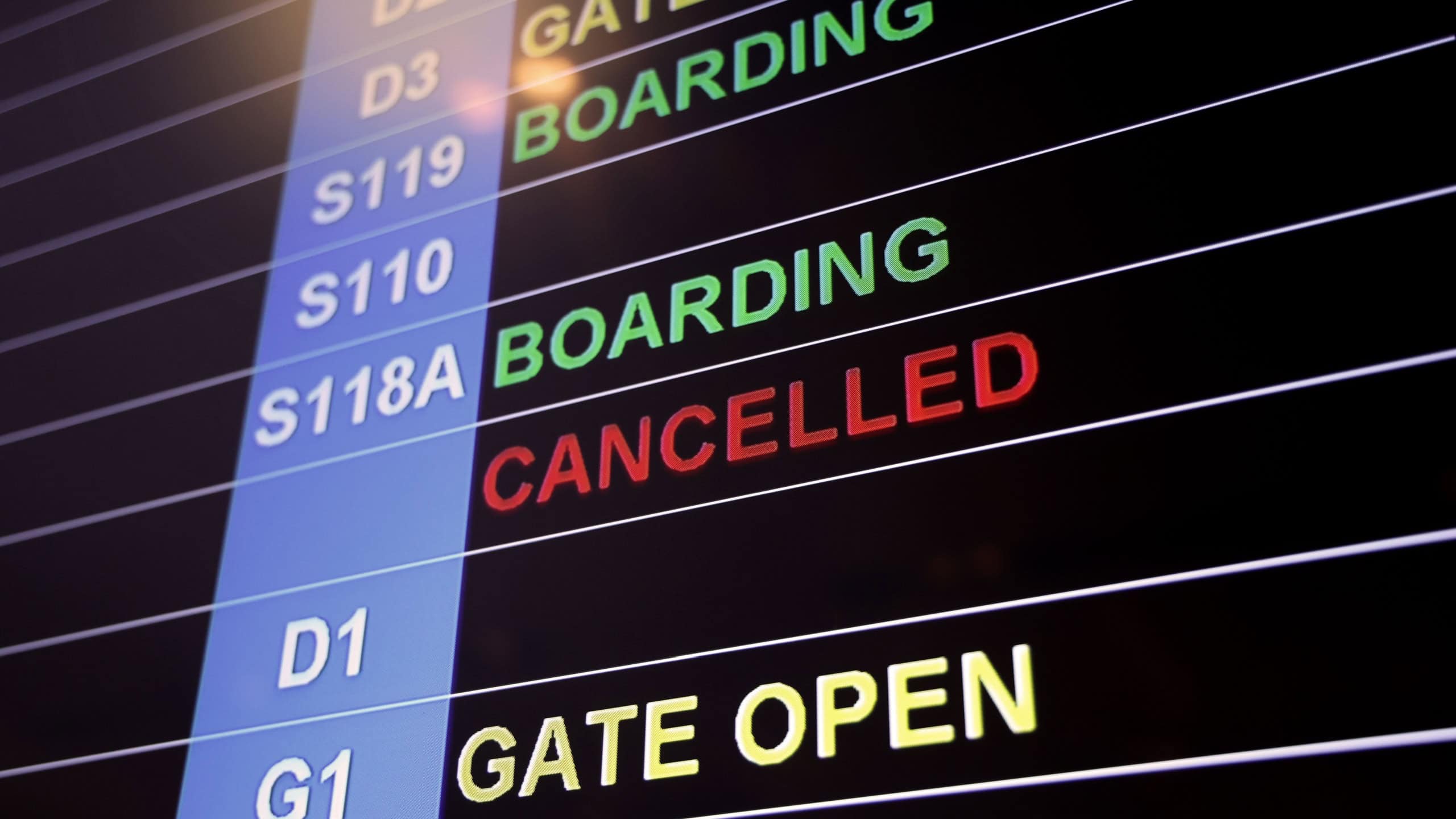 Airport display board. Airport departure information board displaying boarding gate open check in status and cancelled flights. Ideal for travel aviation tourism delay and transportation concepts.