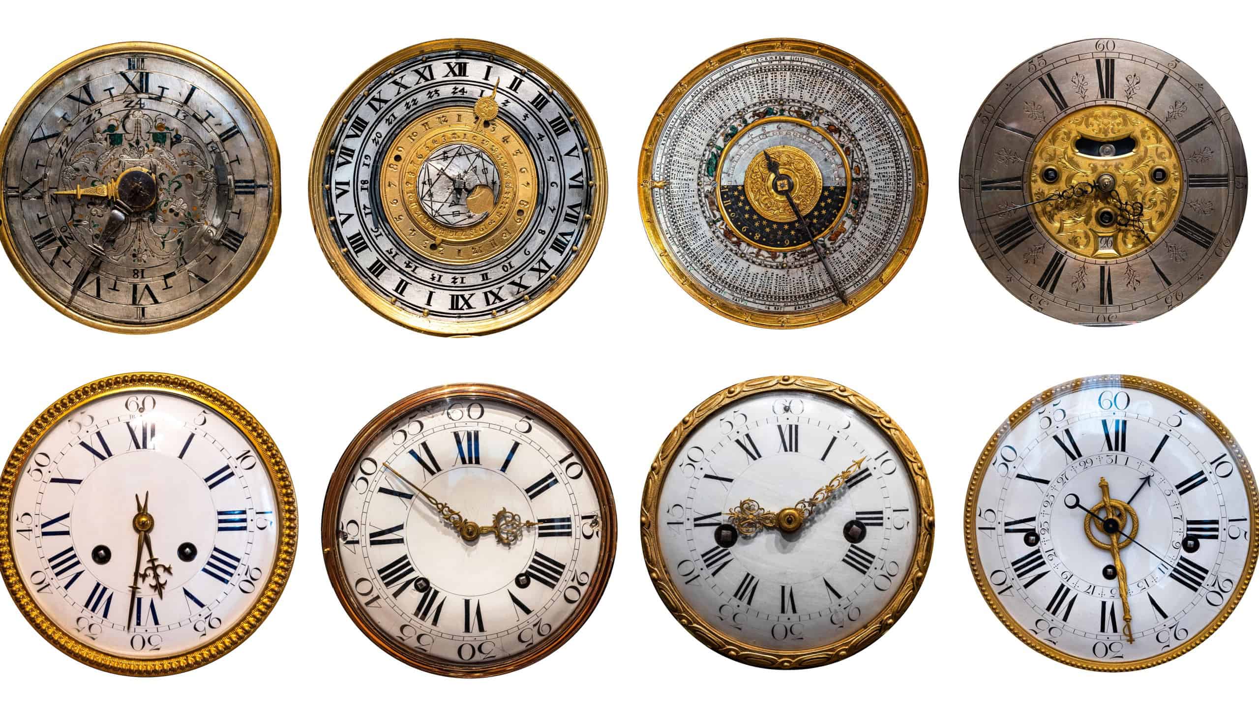 Collection of antique clock dials isolated on a white background, featuring engraved numerals, decorative details, and aged surfaces, representing old horology, historical timekeeping, and classic craftsmanship.