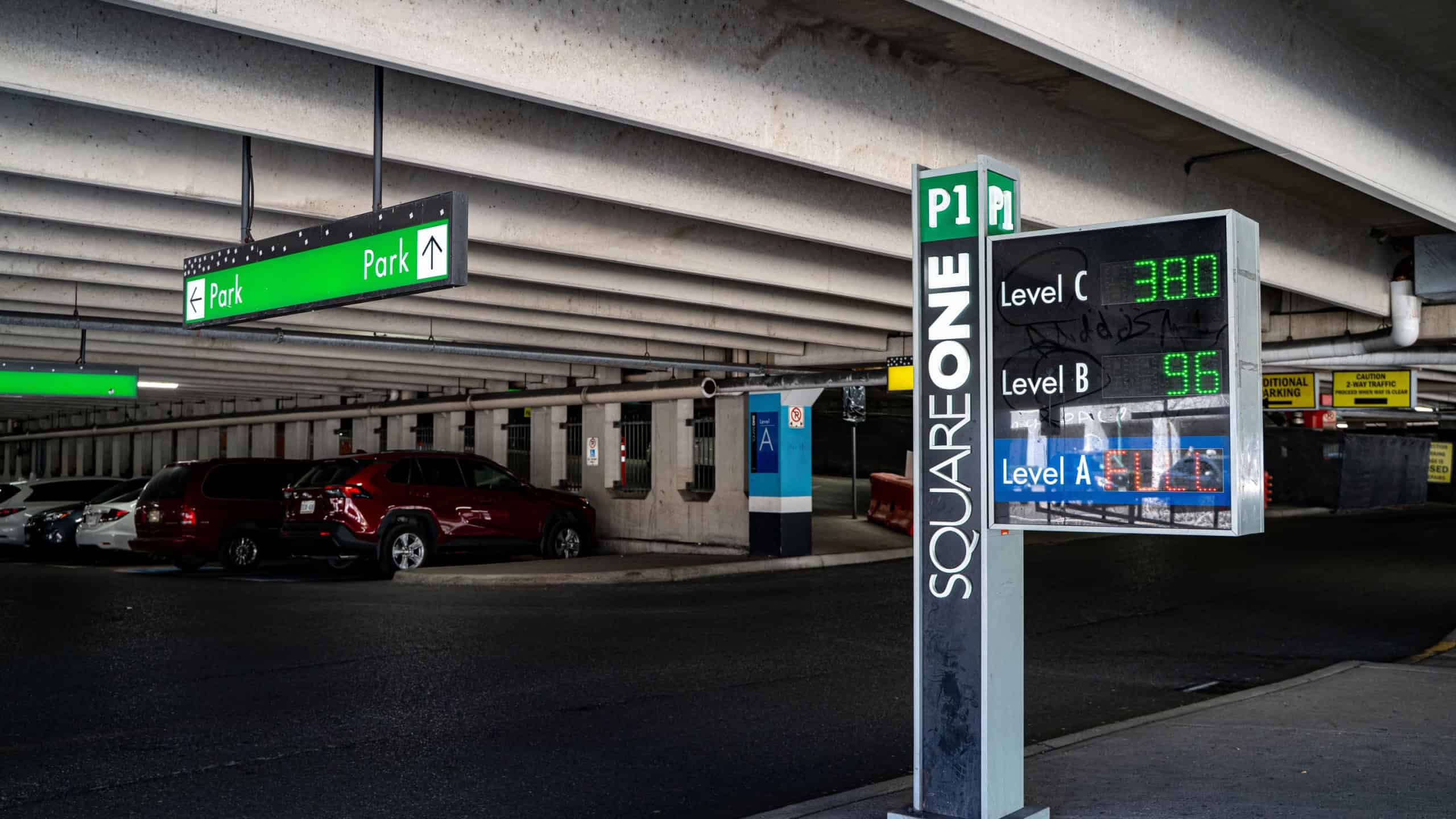 Interior view of Square One parking garage entrance. Mississauga, Canada - May 4, 2026.