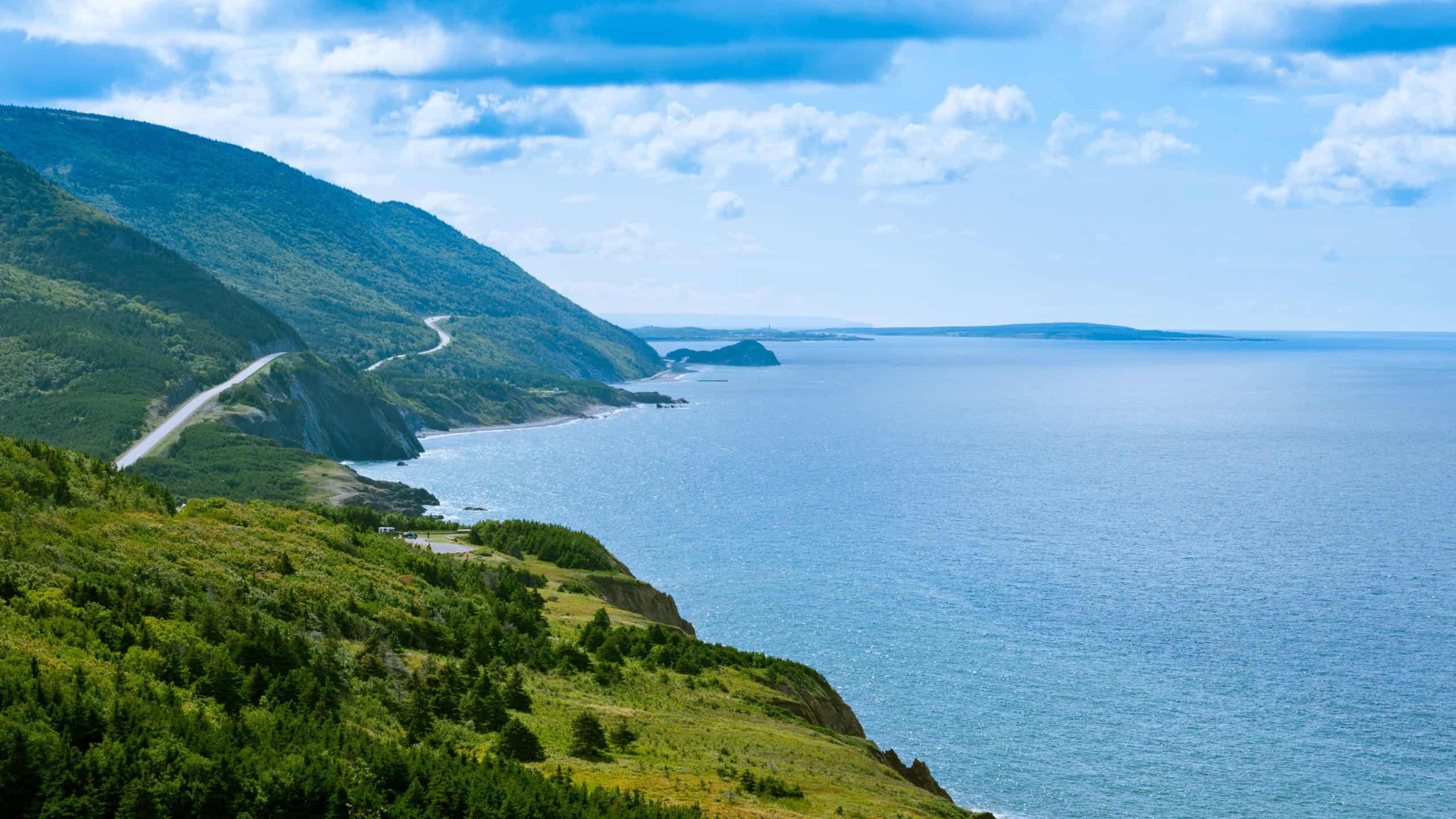 Cabot Trail scenic highway winding through Cape Breton Highlands National Park, Nova Scotia, NS, Canada