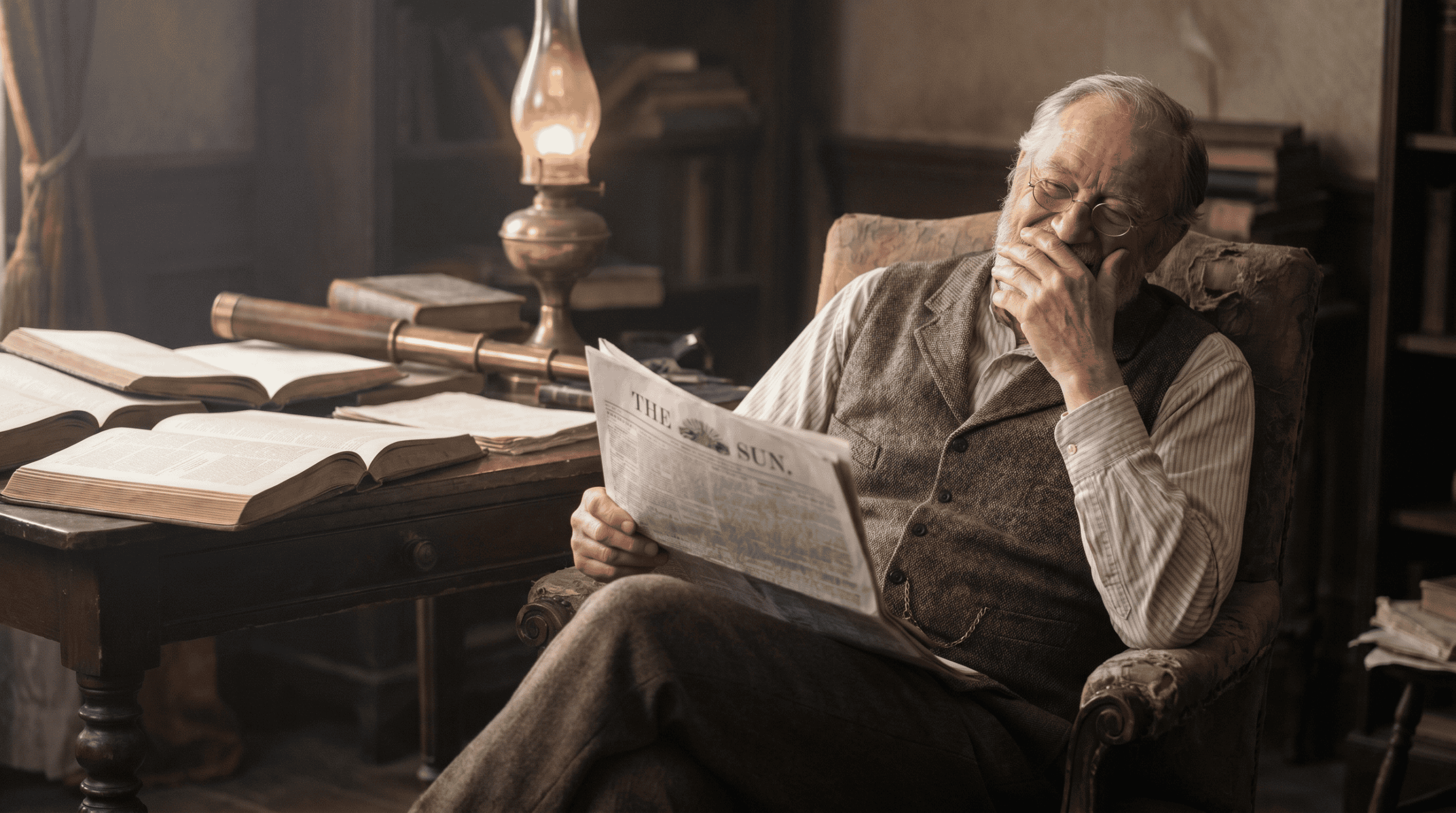 senior man laughing on a chair while looking at a newspaper