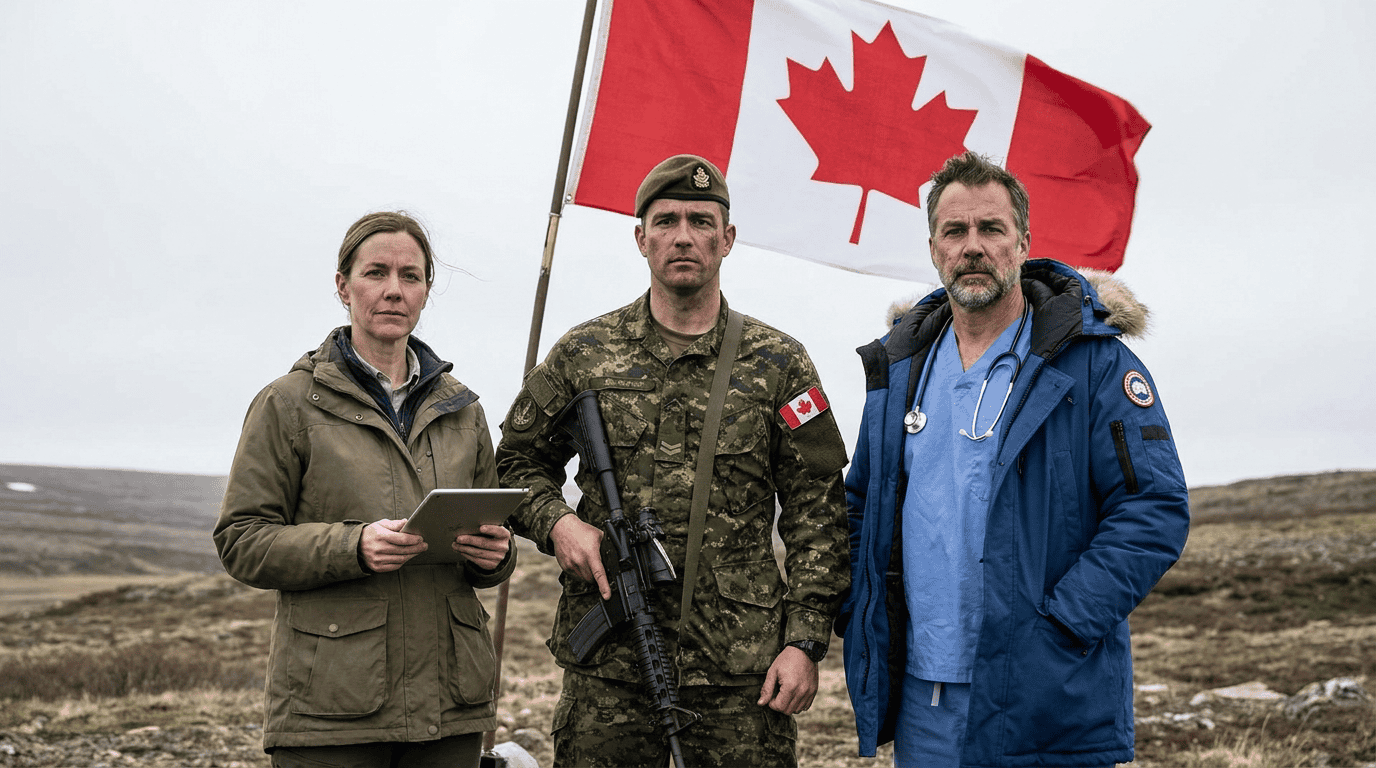 a scientist, soldier and doctor standing together. With a Canada flag.