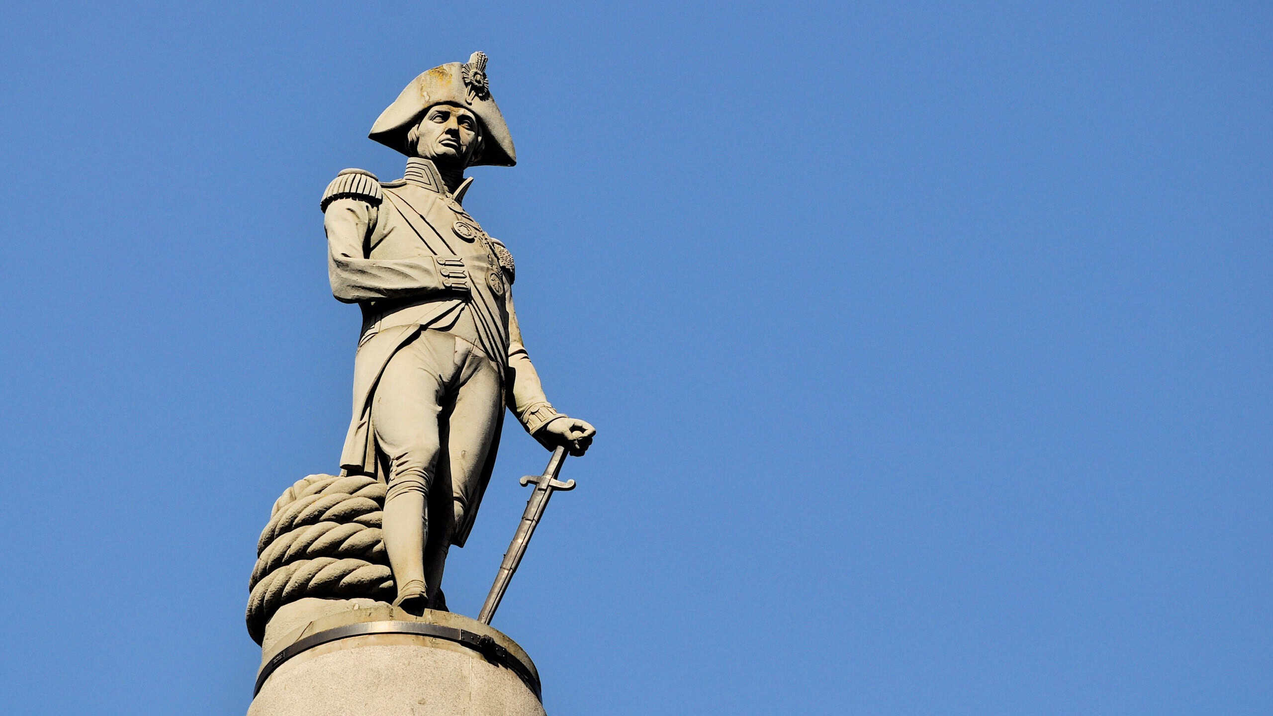 LONDON - APRIL 5, 2017. The sculpture to commemorate Admiral Horatio Nelson at the top of the column, built in 1843, located at Trafalgar Square, central London, UK.