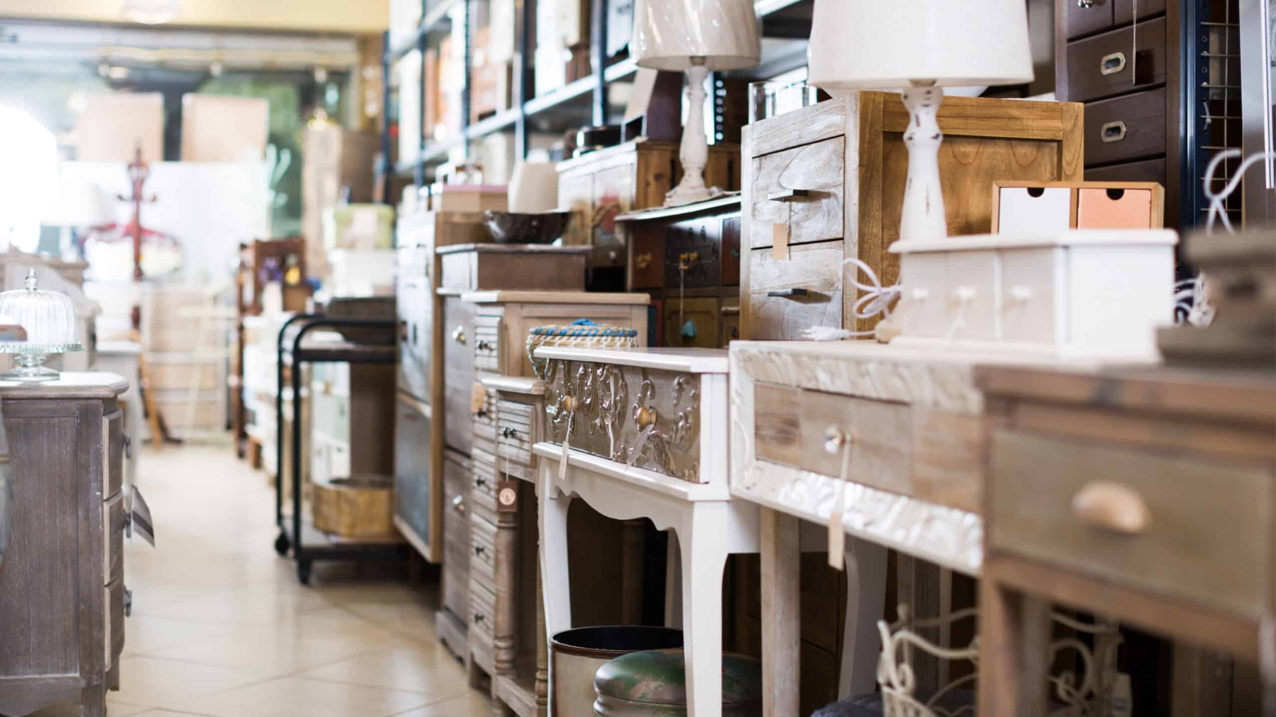 Variety of vintage furniture and home design objects in shop