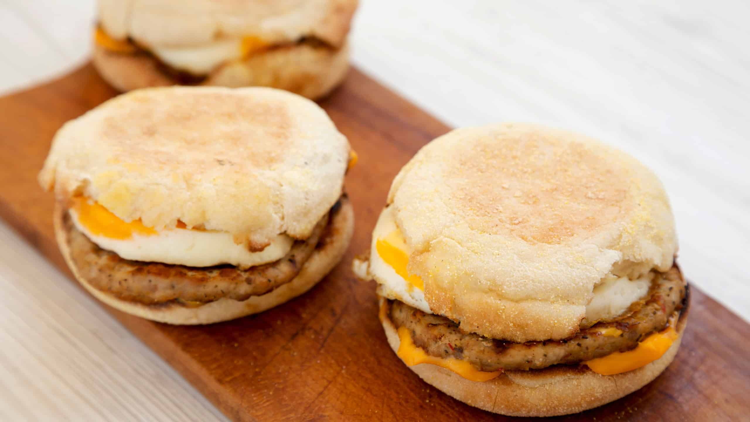 Homemade pork roll egg sandwich on a rustic wooden board on a white wooden table, low angle view. Close-up.