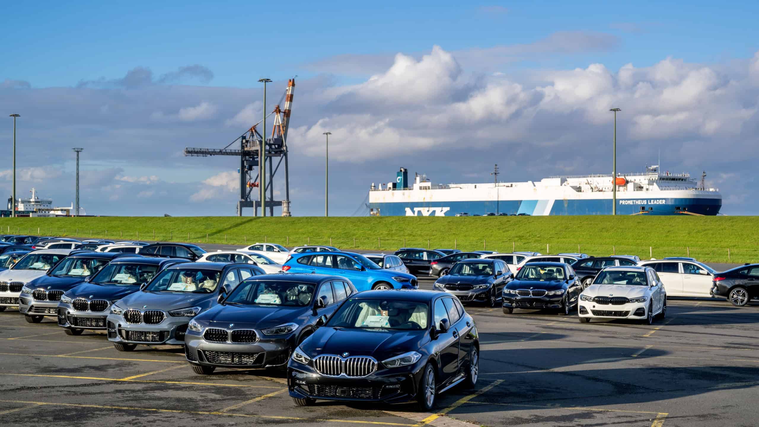 CUXHAVEN, GERMANY - OCTOBER 26, 2020: new BMW cars for export at seaport terminal