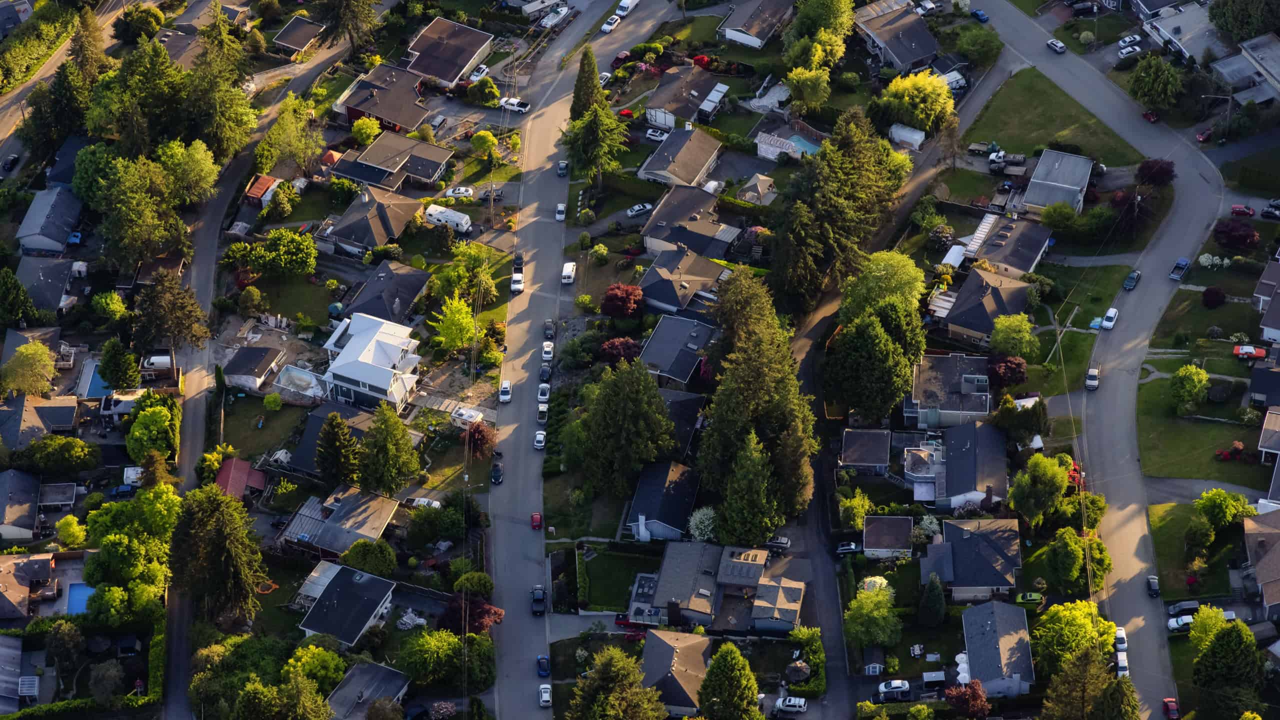 Aerial View from an Airplane of Residential Homes in Coquitlam, Greater Vancouver, British Columbia, Canada.