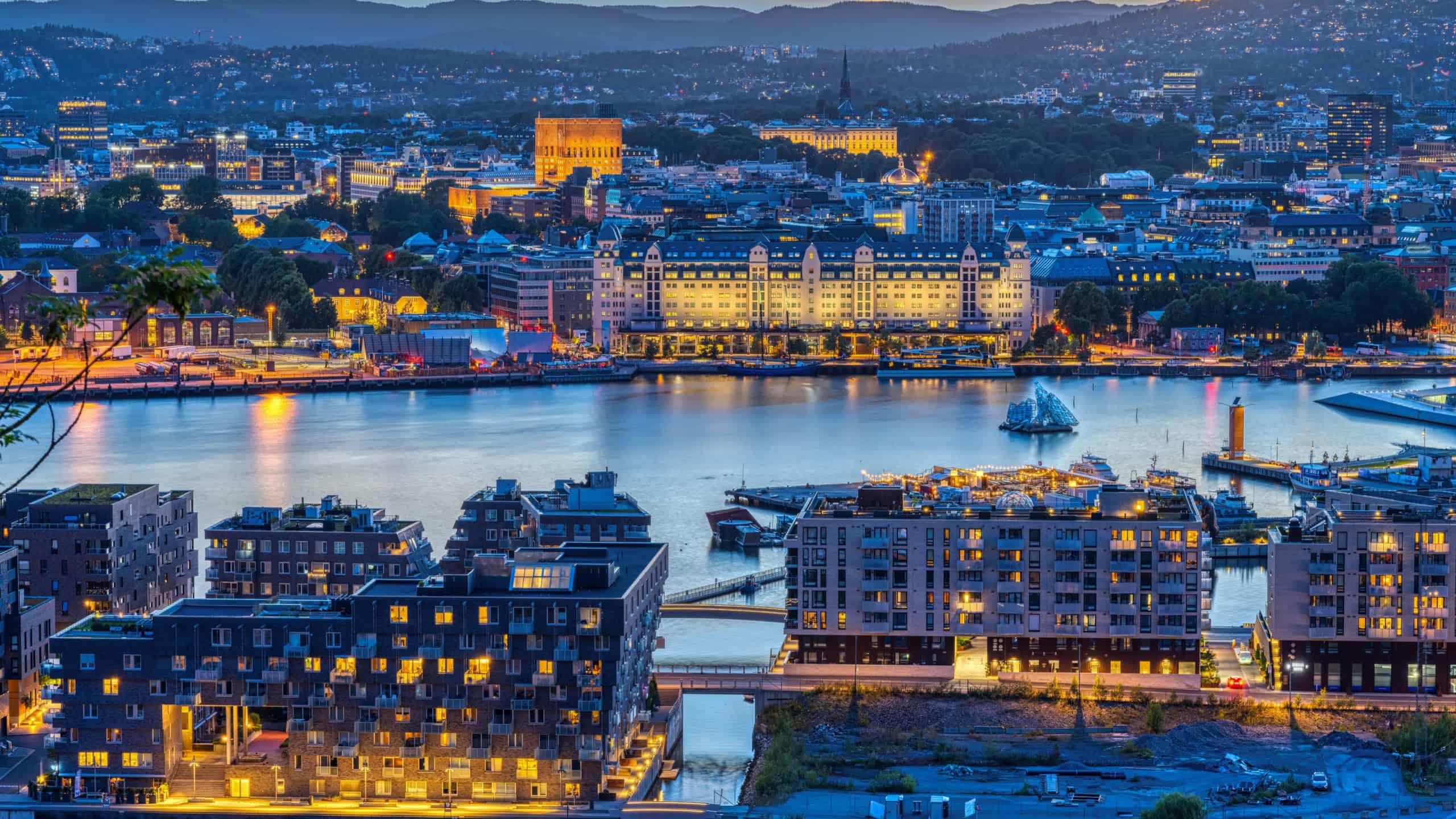 View over Oslo in Norway with the Oslo Fjord after sunset
