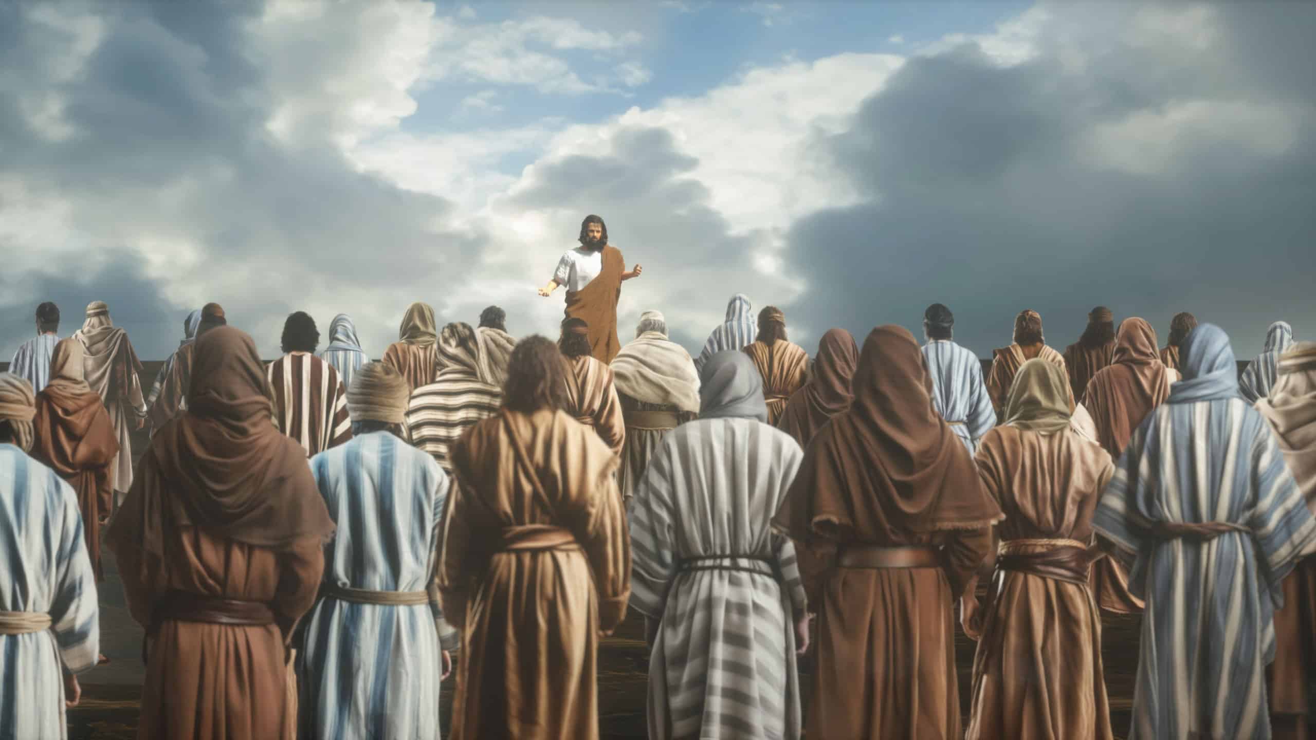 Jesus Christ and Twelve Apostles in Domus Galilaeae Sermon on the Mount 3D render illustration