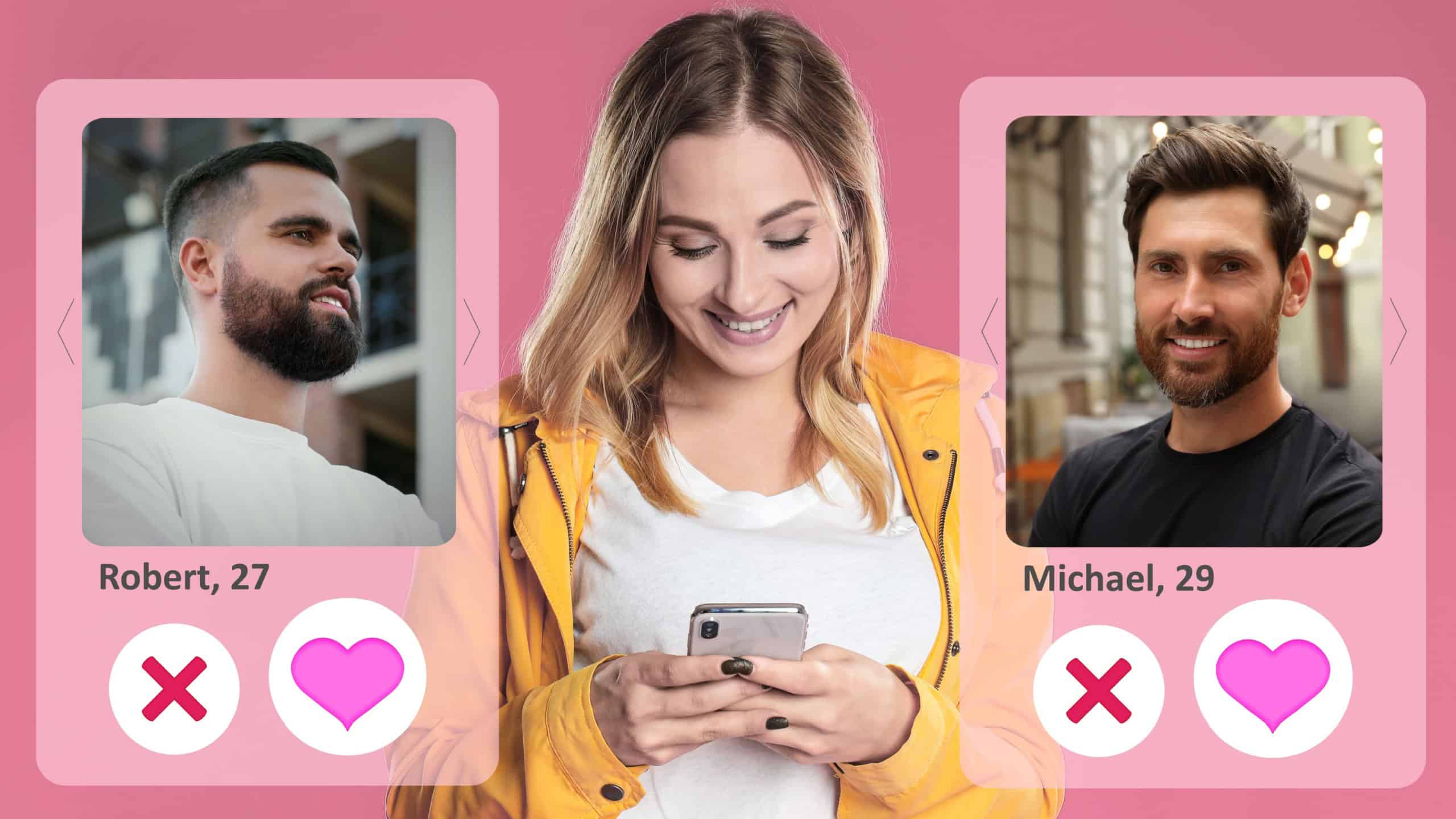 Looking for partner via dating site. Woman using smartphone on pink background. Men's profiles with photos and information