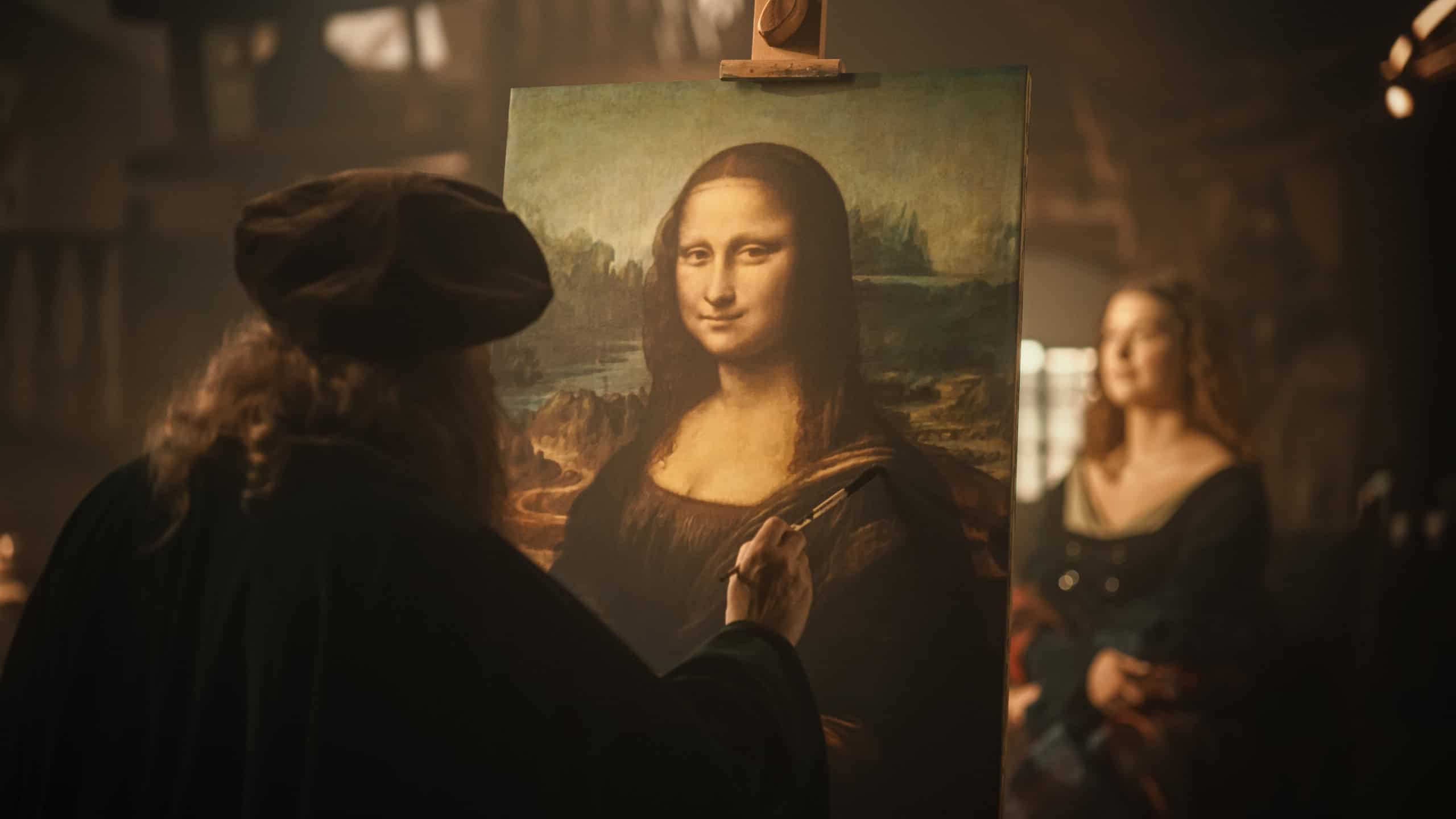 Re-enactment Documentary Scene for The Process of the Creation of the Mona Lisa Painting: The Genius Leonardo da Vinci Making the First Layer of Shadow in his Masterpiece on Canvas in his Art Workshop
