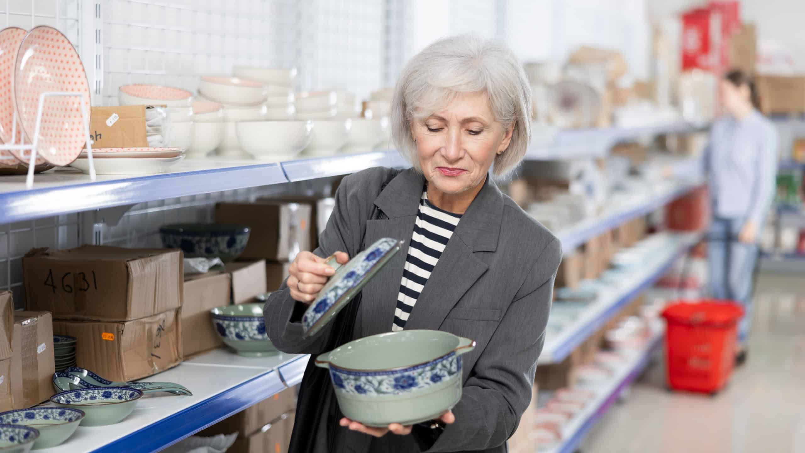 In the store, an elderly customer chooses a soup tureen. A customer in a home improvement store buys dishes for a festive dinner with a large number of guests.