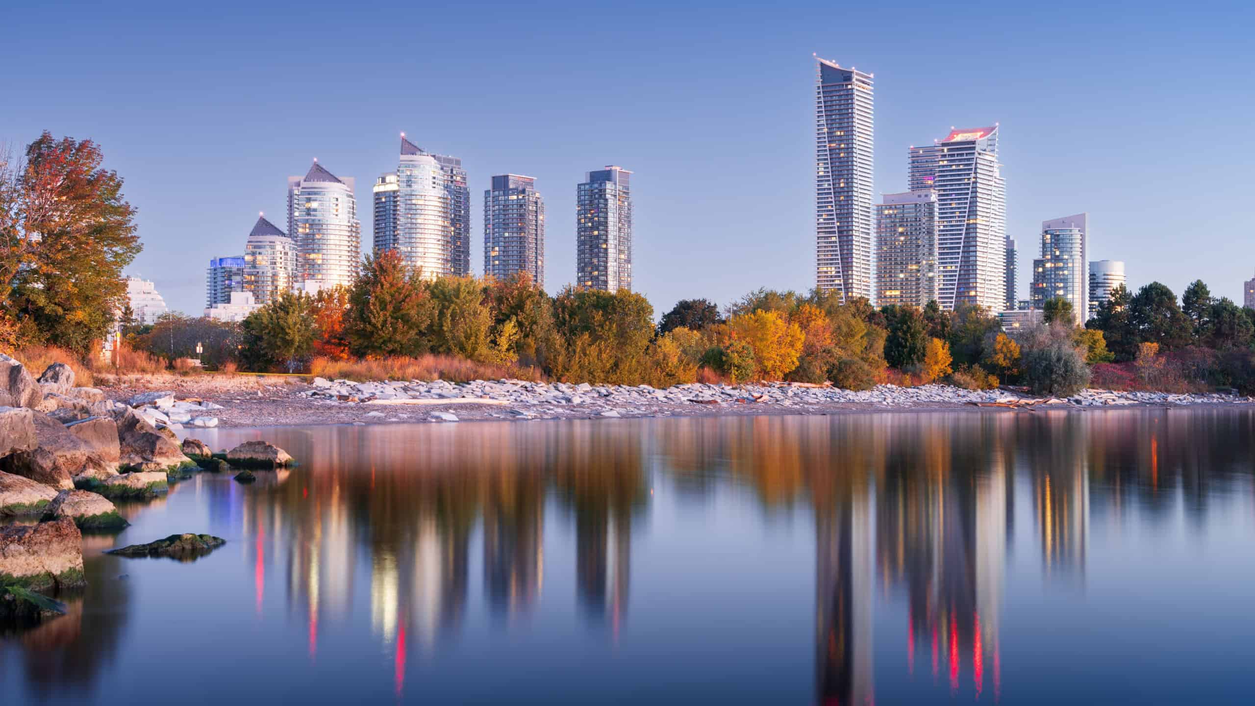 Etobicoke, Ontario, Canada high rise cityscape on Lake Ontario at Blue Hour.