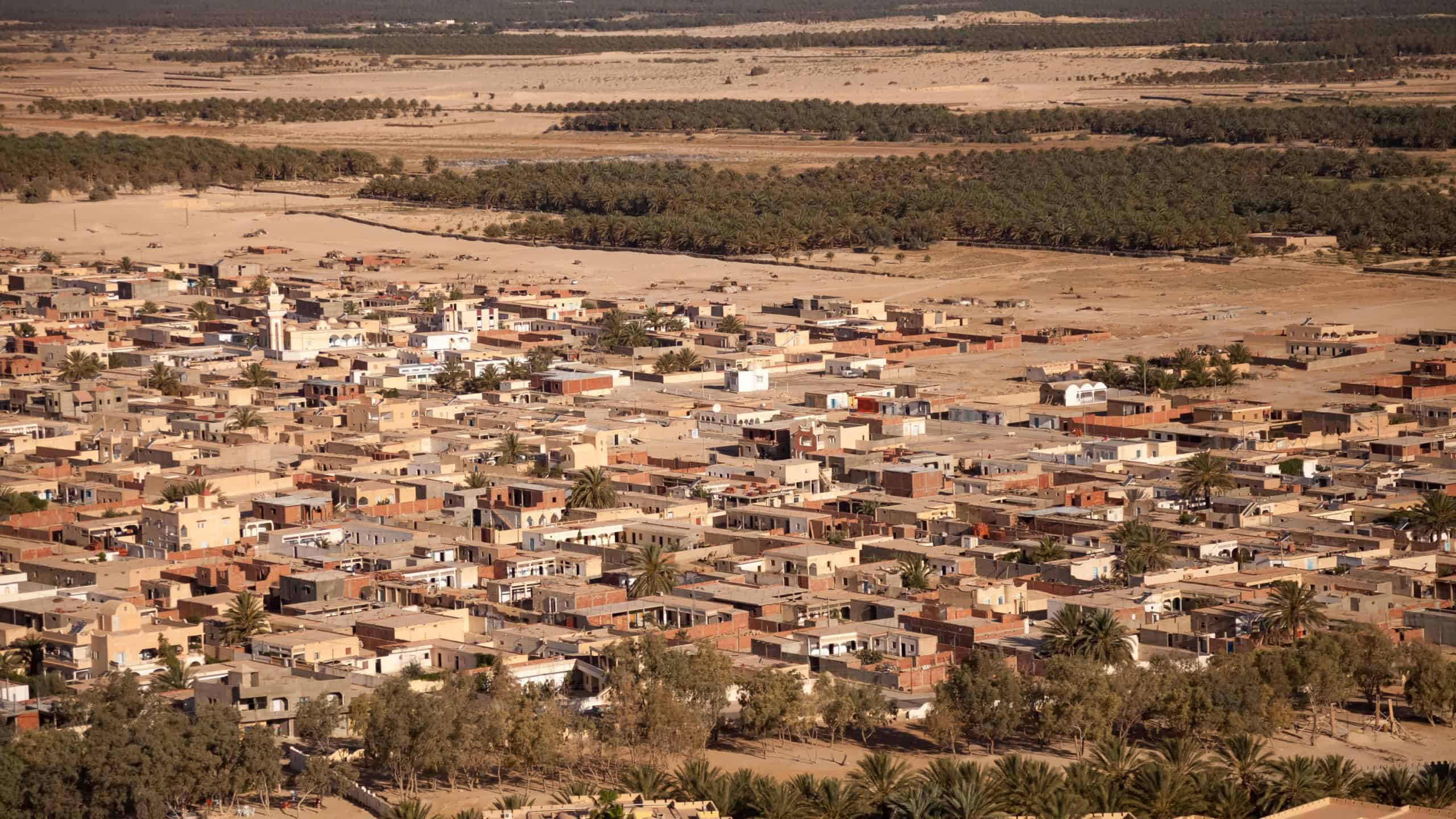 A vibrant town nestled within the Sahara desert, surrounded by vast stretches of sand and green palm trees.