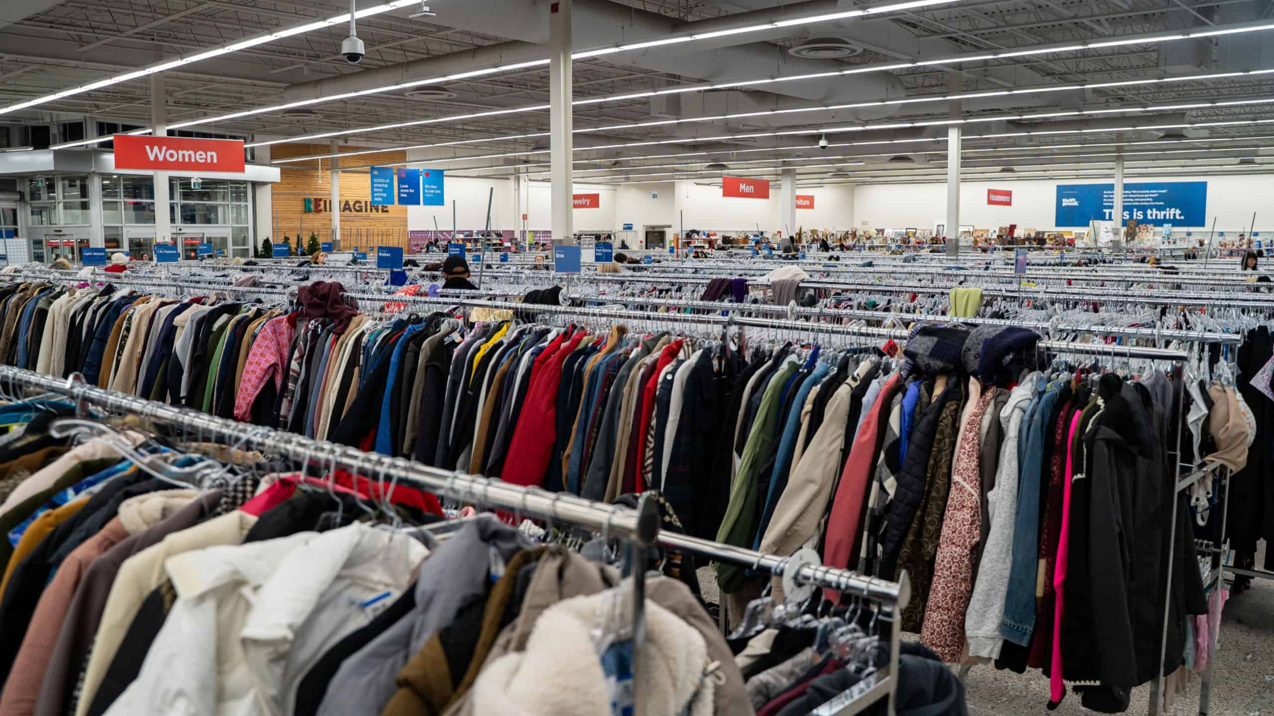 Interior view of Value Village thrift store with clothing racks. Toronto, Canada - November 26, 2025.