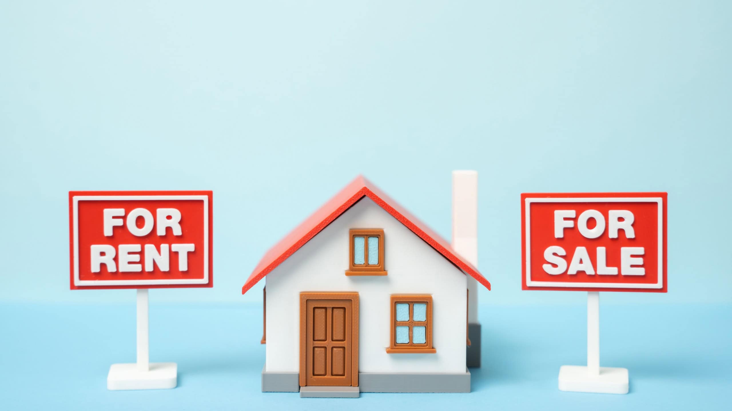 Buy or rent a house. Sell the house or rent it out for regular income. Property decision concept shows investment strategy, housing market choice, and income planning