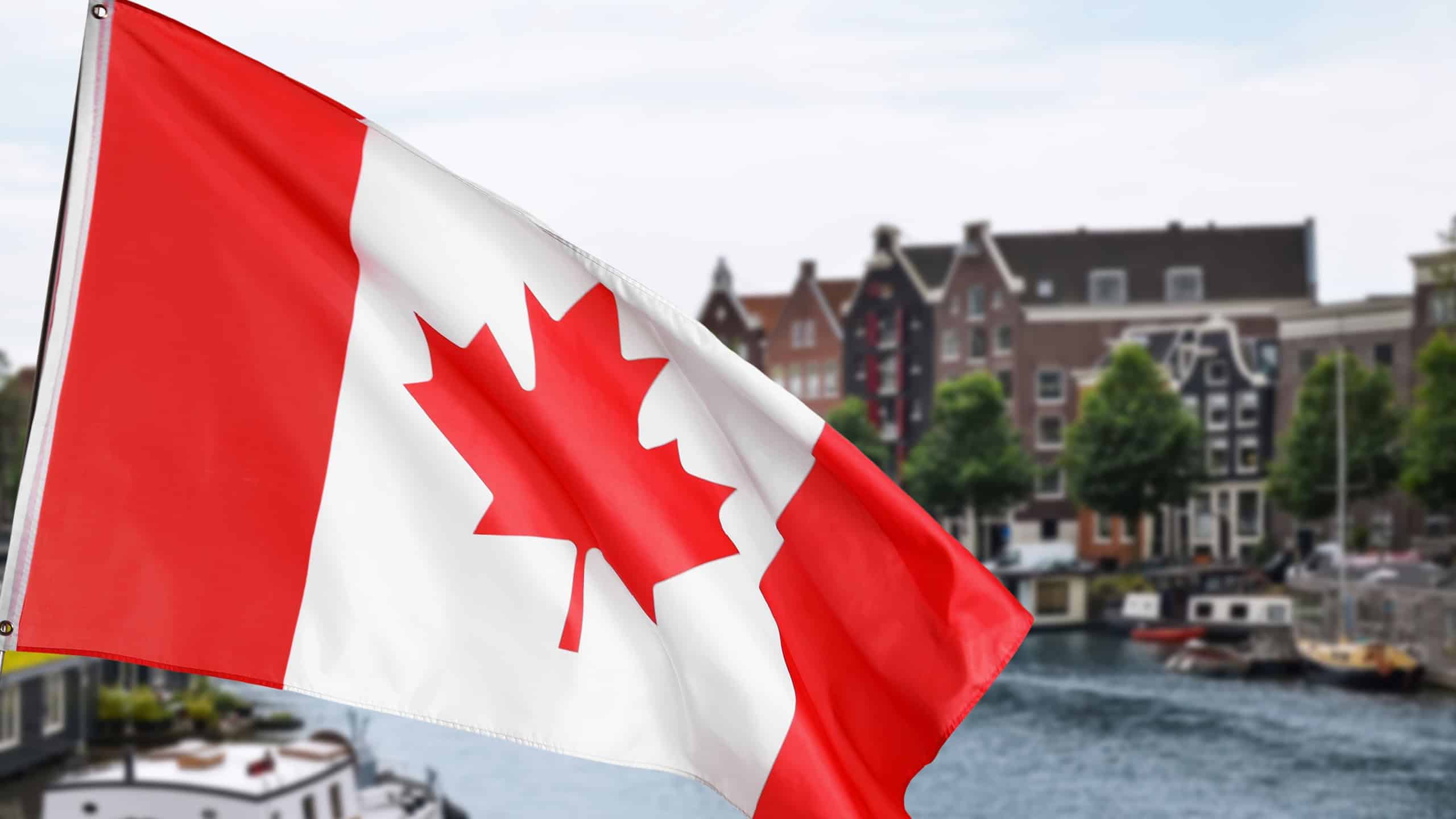 Flag of Canada waving in city. National symbol