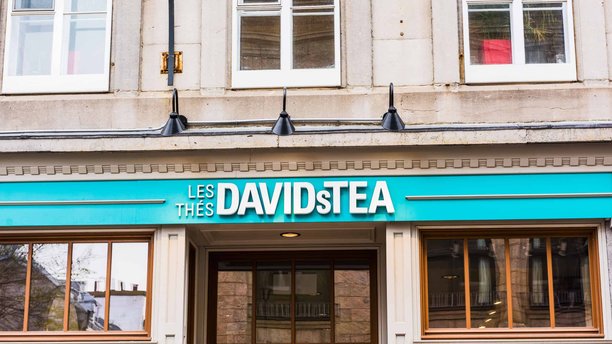 Quebec City, Canada - May 29, 2017: Old town street with David's Tea in french sign shop
