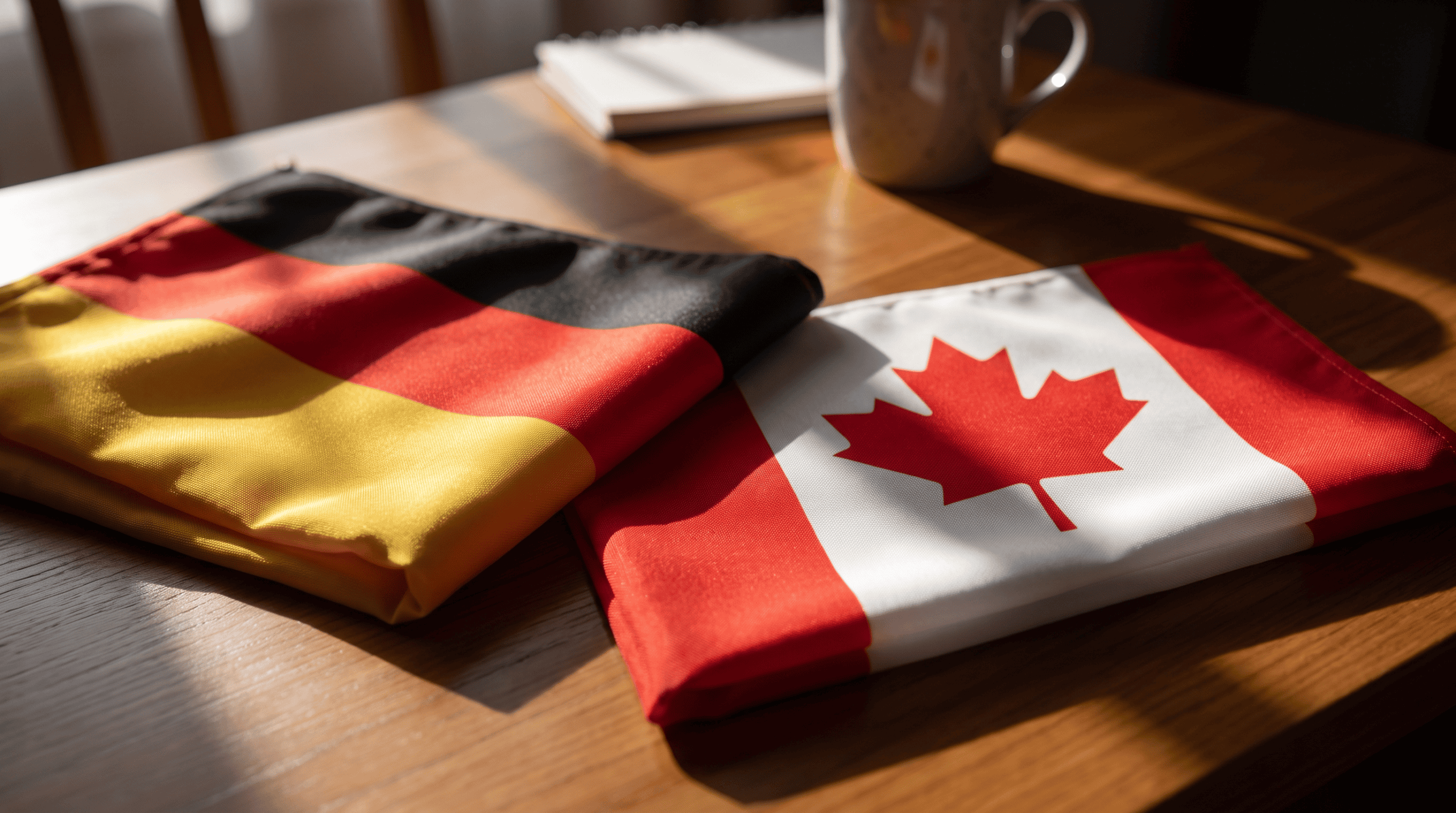 german and canadian flag on a table