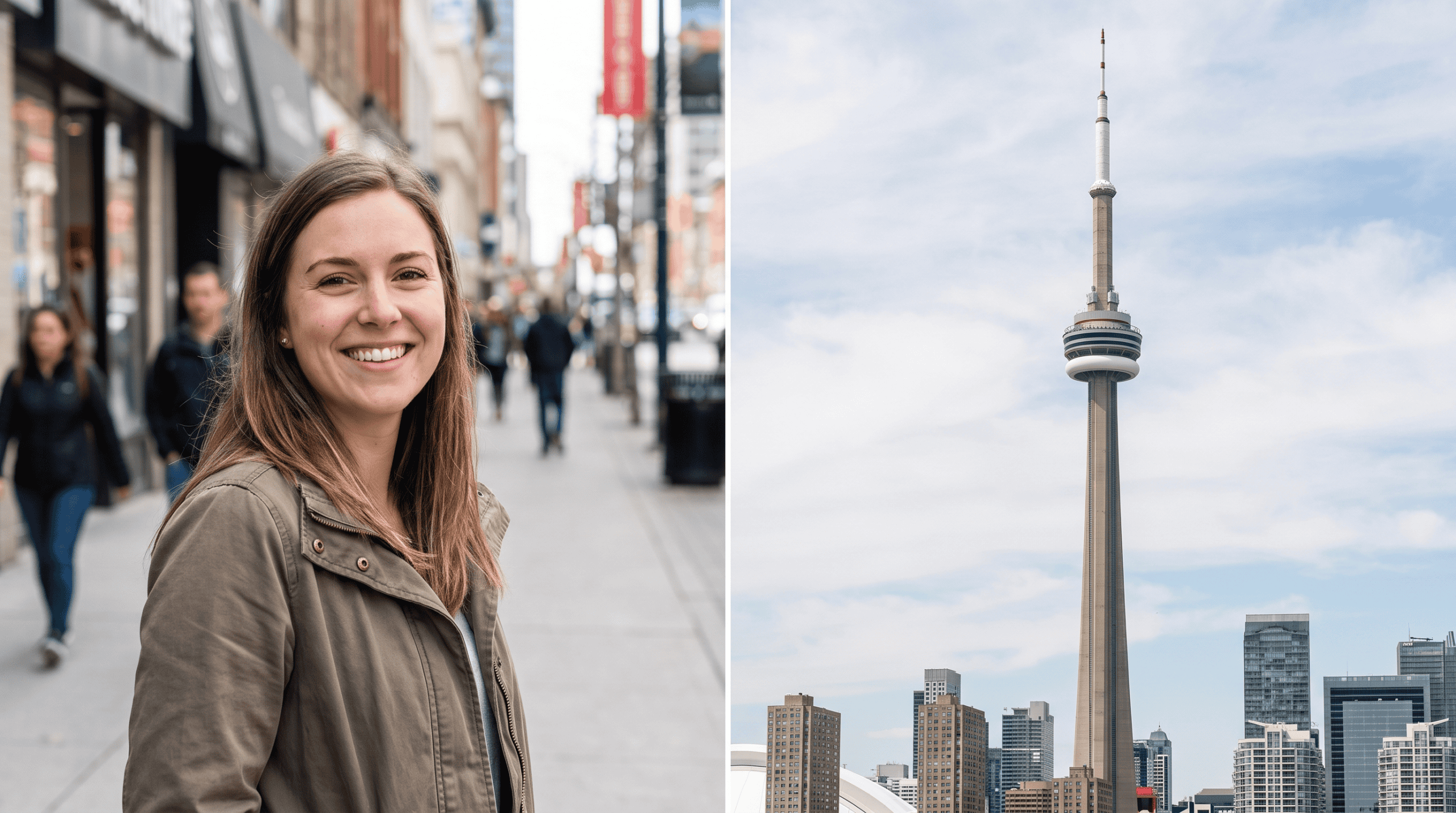 On the left side, a beautiful caucasian girl on the street, smiling at the camera. On the right, a picture of CN tower